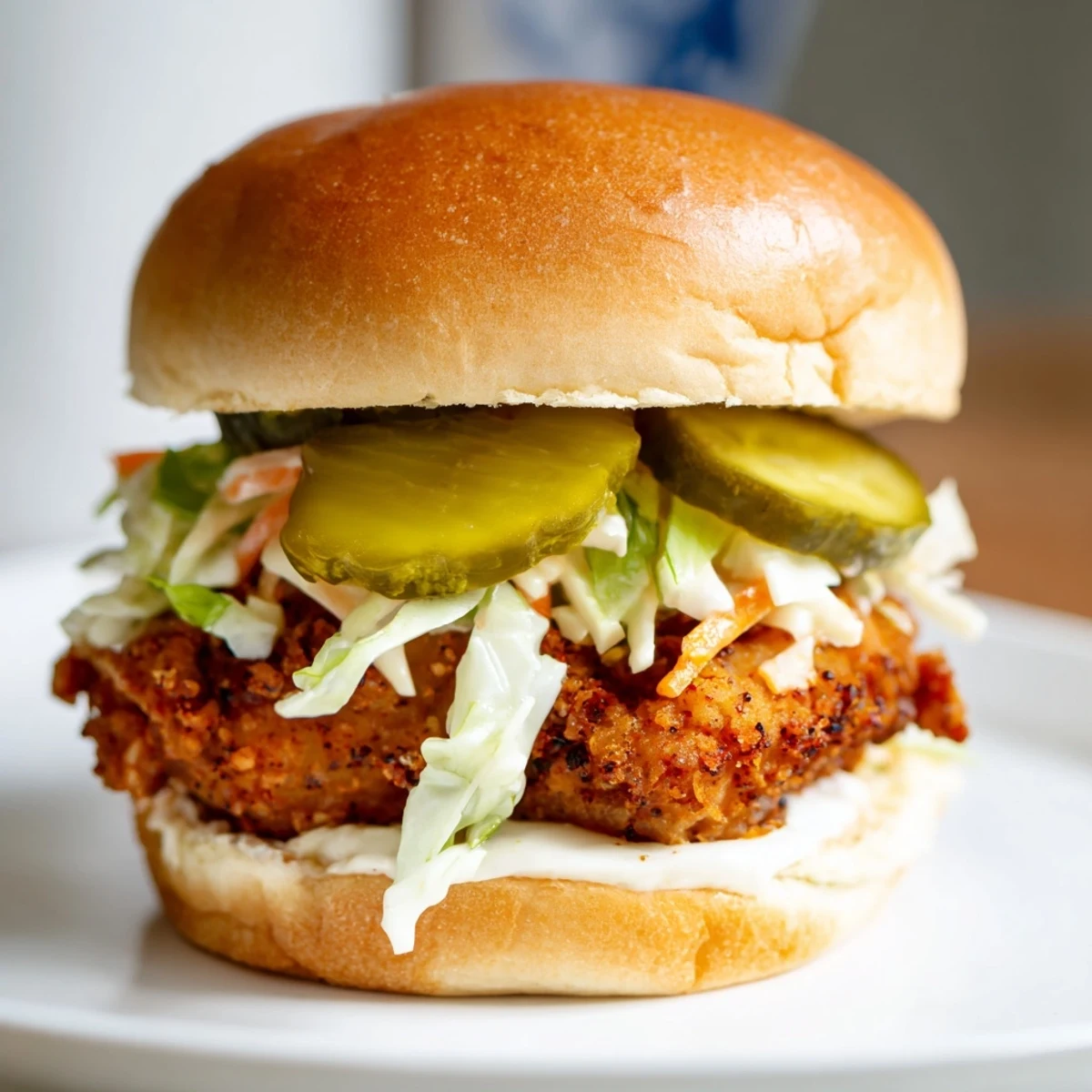 Juicy buttermilk marinated chicken fillets fried to golden perfection in a Southern fried chicken burger with crunchy cabbage slaw