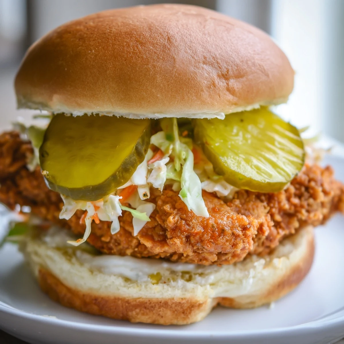 Golden crispy Southern fried chicken burgers topped with tangy slaw and dill pickles on soft toasted buns