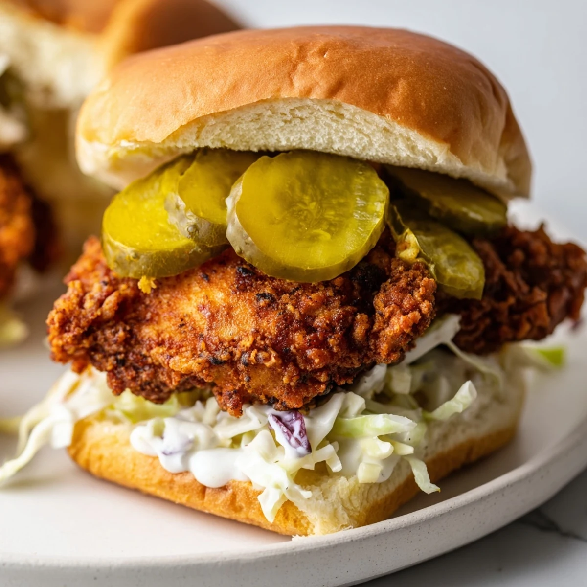 Homemade Southern fried chicken burgers served on fluffy buns layered with creamy coleslaw crisp pickles and crispy chicken thighs