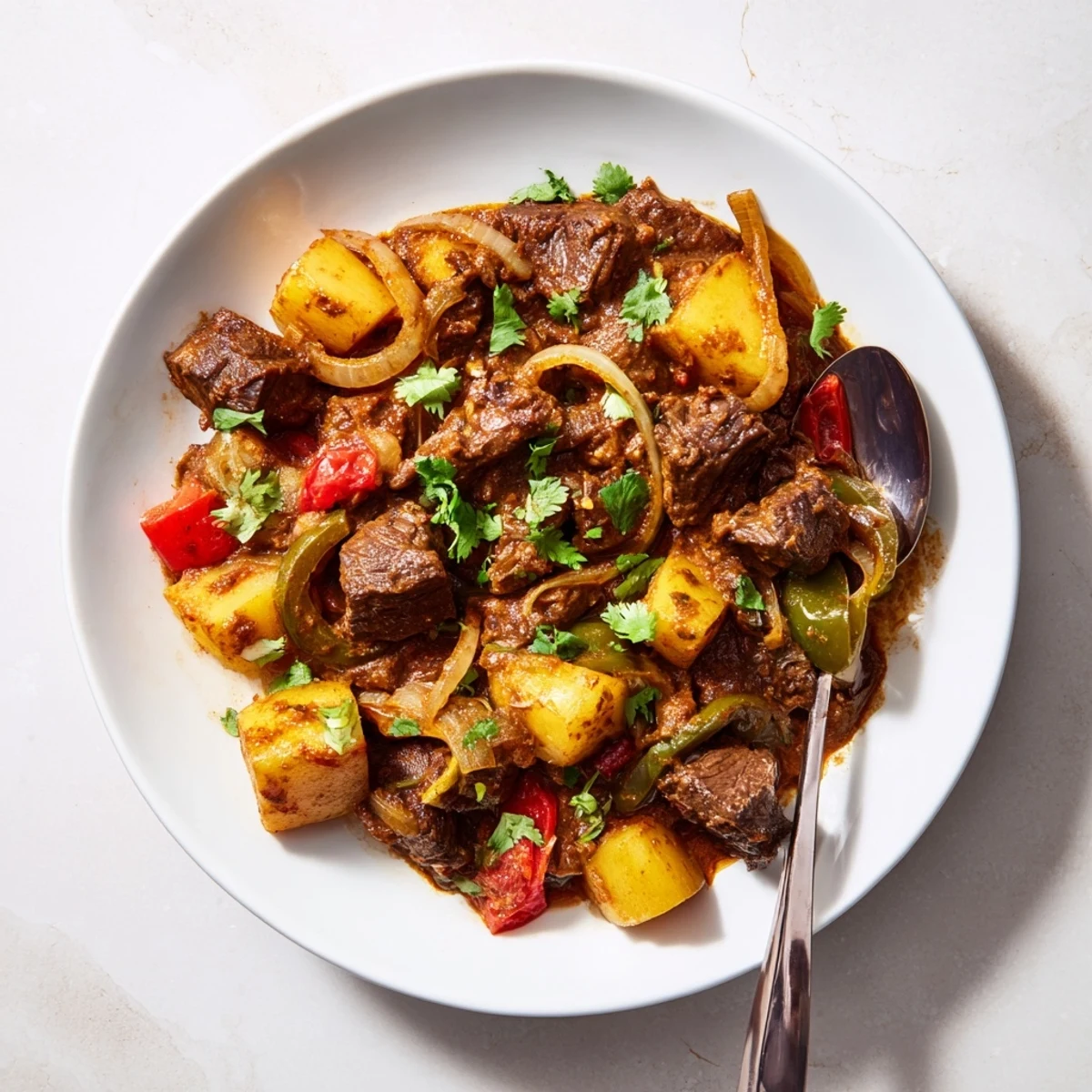 Savory slow cooker Indian beef curry with tender beef chunks in aromatic spiced sauce garnished with fresh cilantro