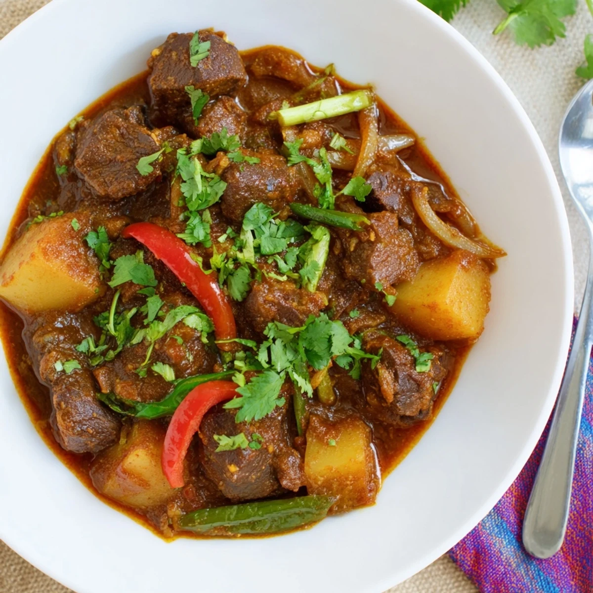 Hearty bowl of slow cooker Indian beef curry served over fluffy white rice with naan bread on the side