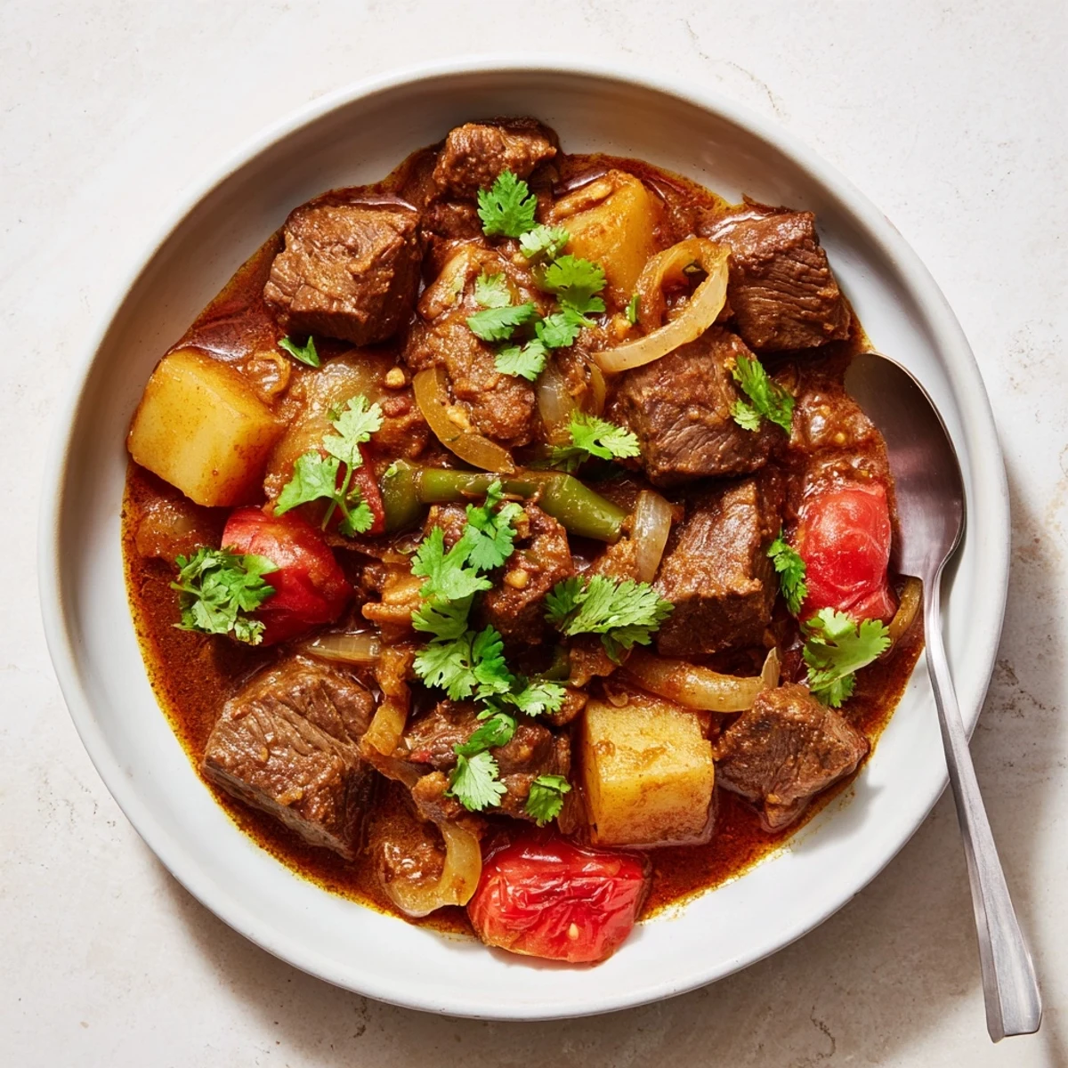 Rich slow cooker Indian beef curry featuring melt-in-your-mouth beef in golden coconut curry sauce with potatoes