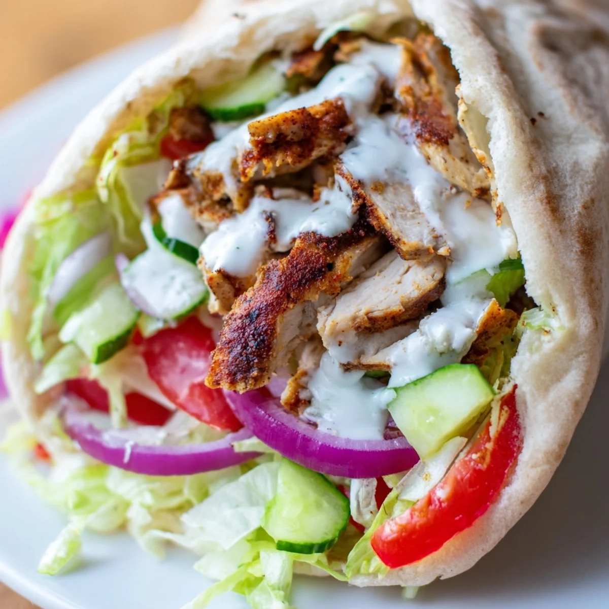 Golden spiced chicken shawarma sliced and piled in warm pita with fresh vegetables