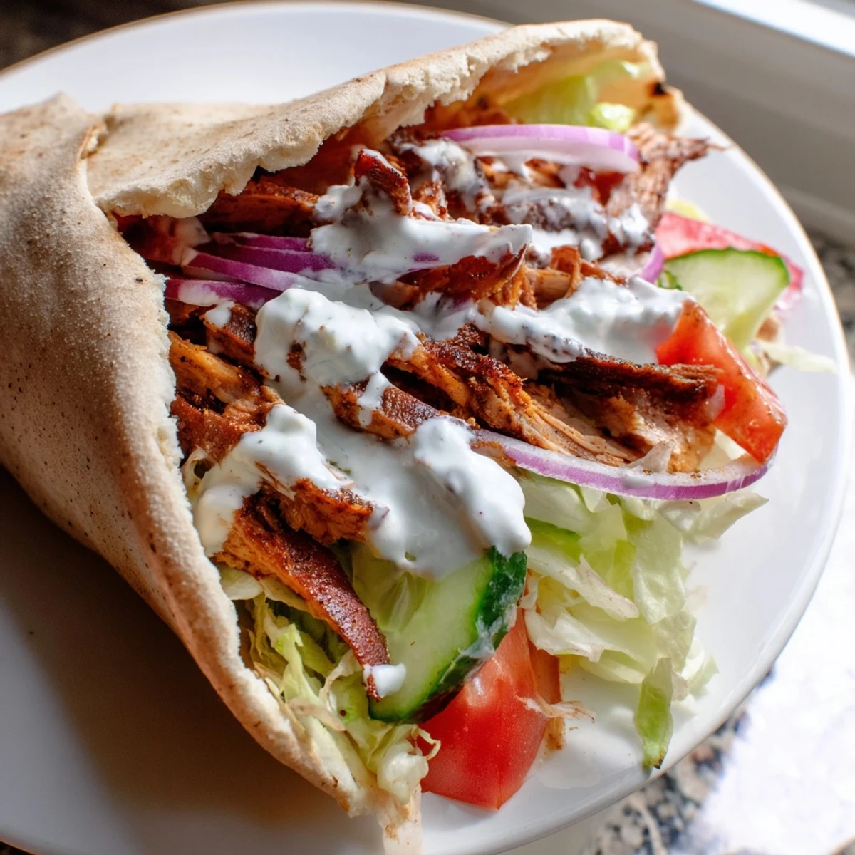 Juicy marinated chicken shawarma wrapped in soft flatbread with crisp lettuce and creamy garlic sauce