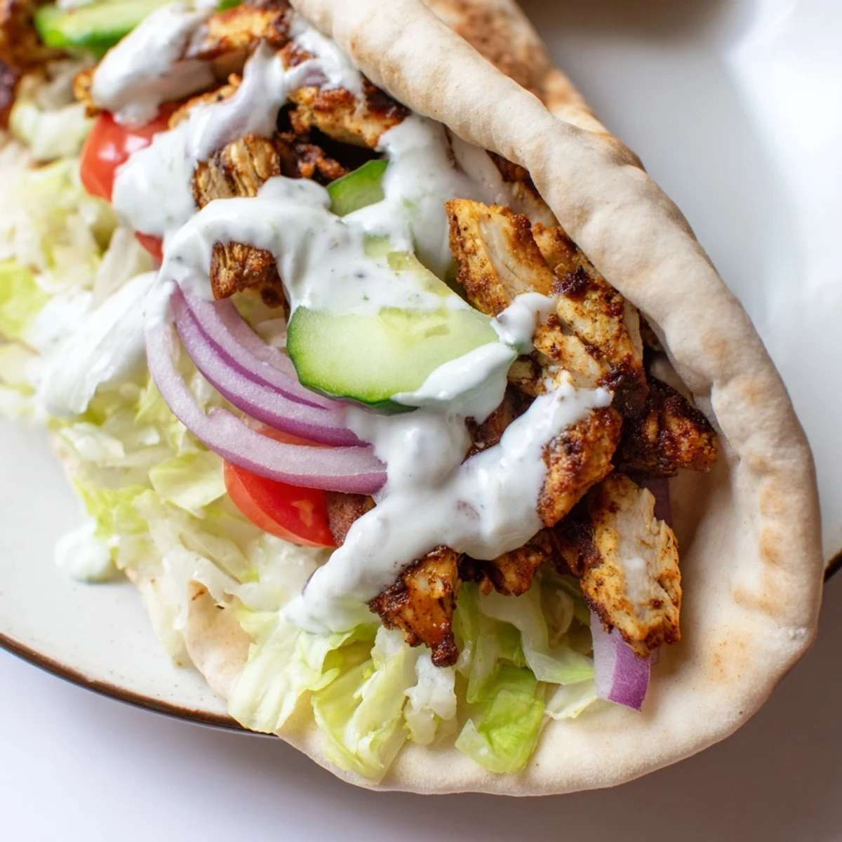 Tender Middle Eastern chicken shawarma spiced with cumin and coriander served with tahini drizzle