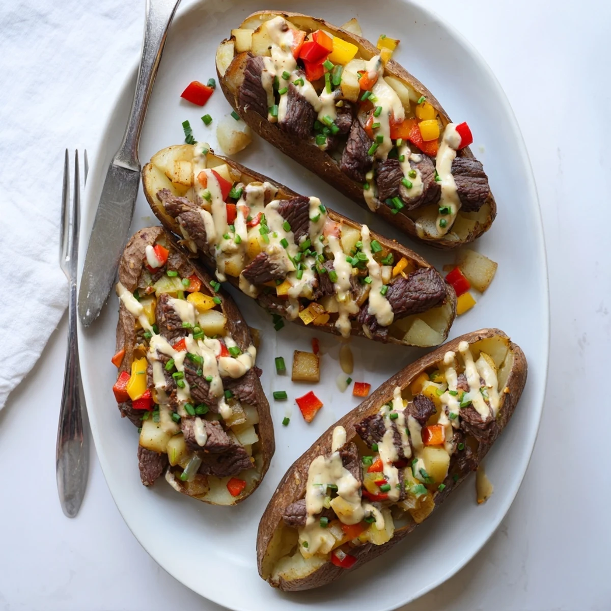 Golden baked potato piled with seasoned steak cubes and drizzled with rich Parmesan cream sauce