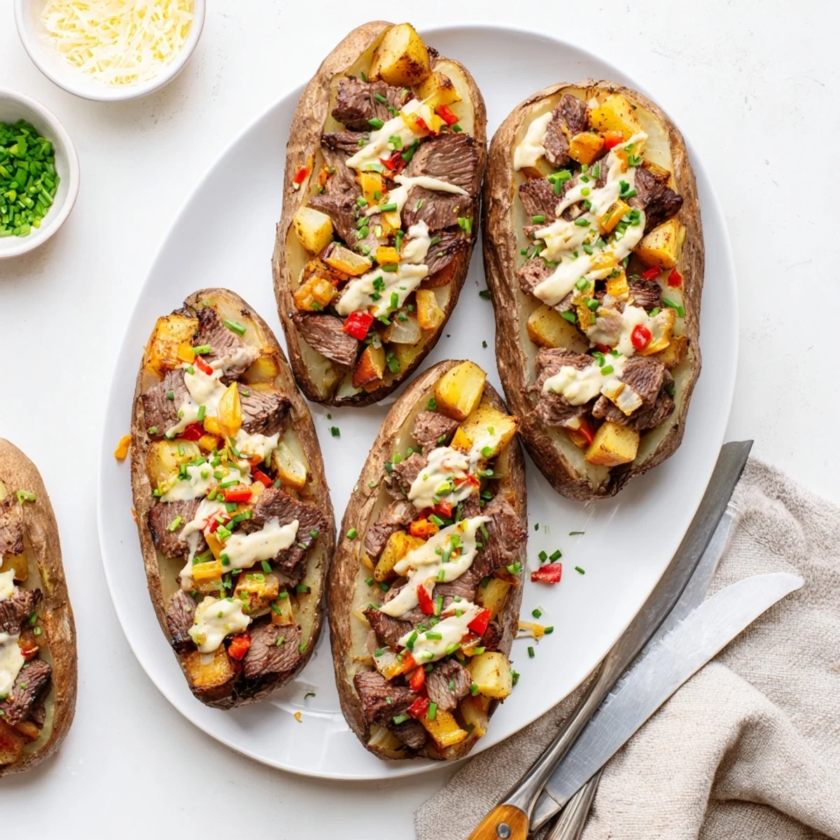 Fluffy russet potato stuffed with juicy sirloin and vegetables topped with creamy white Parmesan sauce