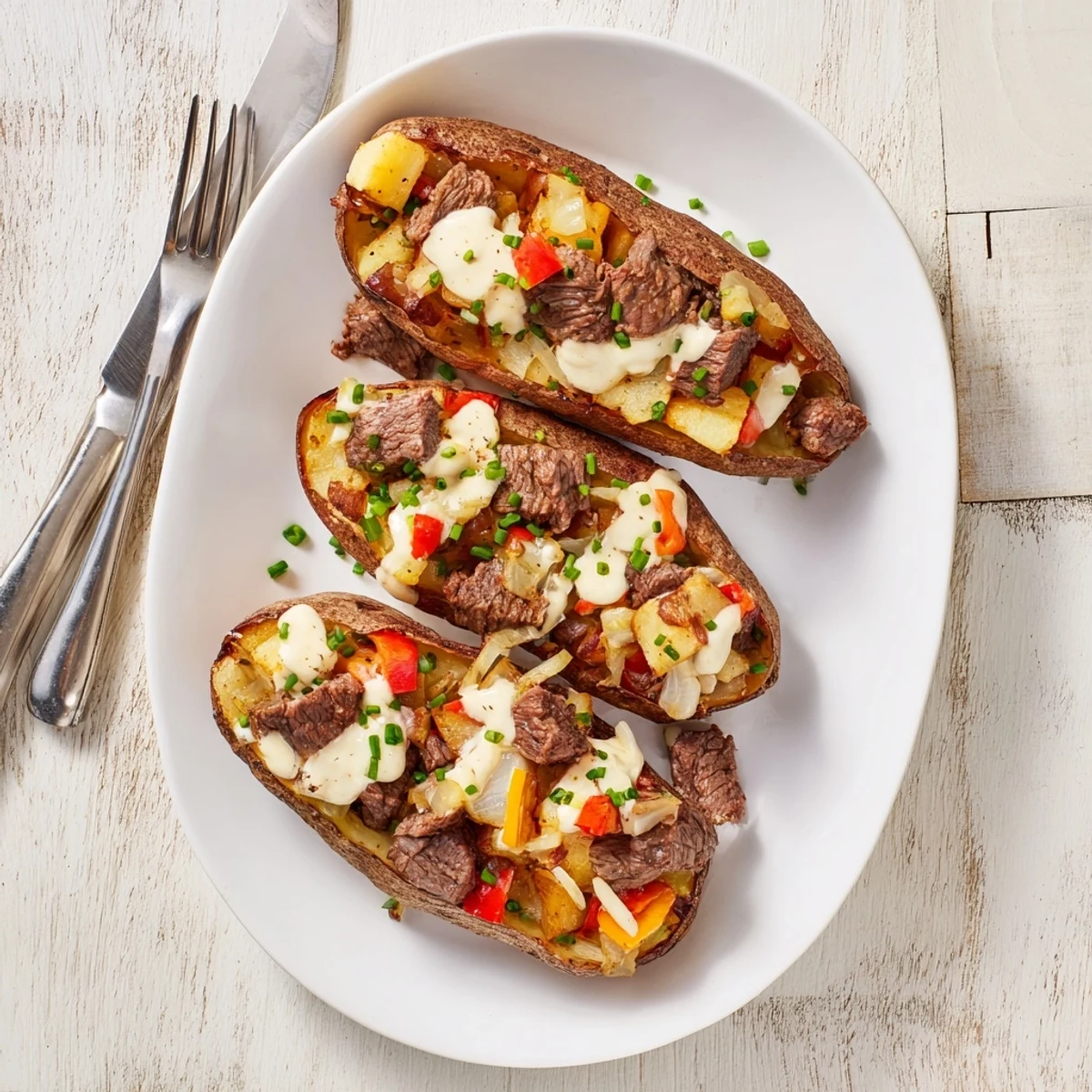 Steak stuffed baked potato finished with smooth Parmesan cream sauce and fresh chive garnish