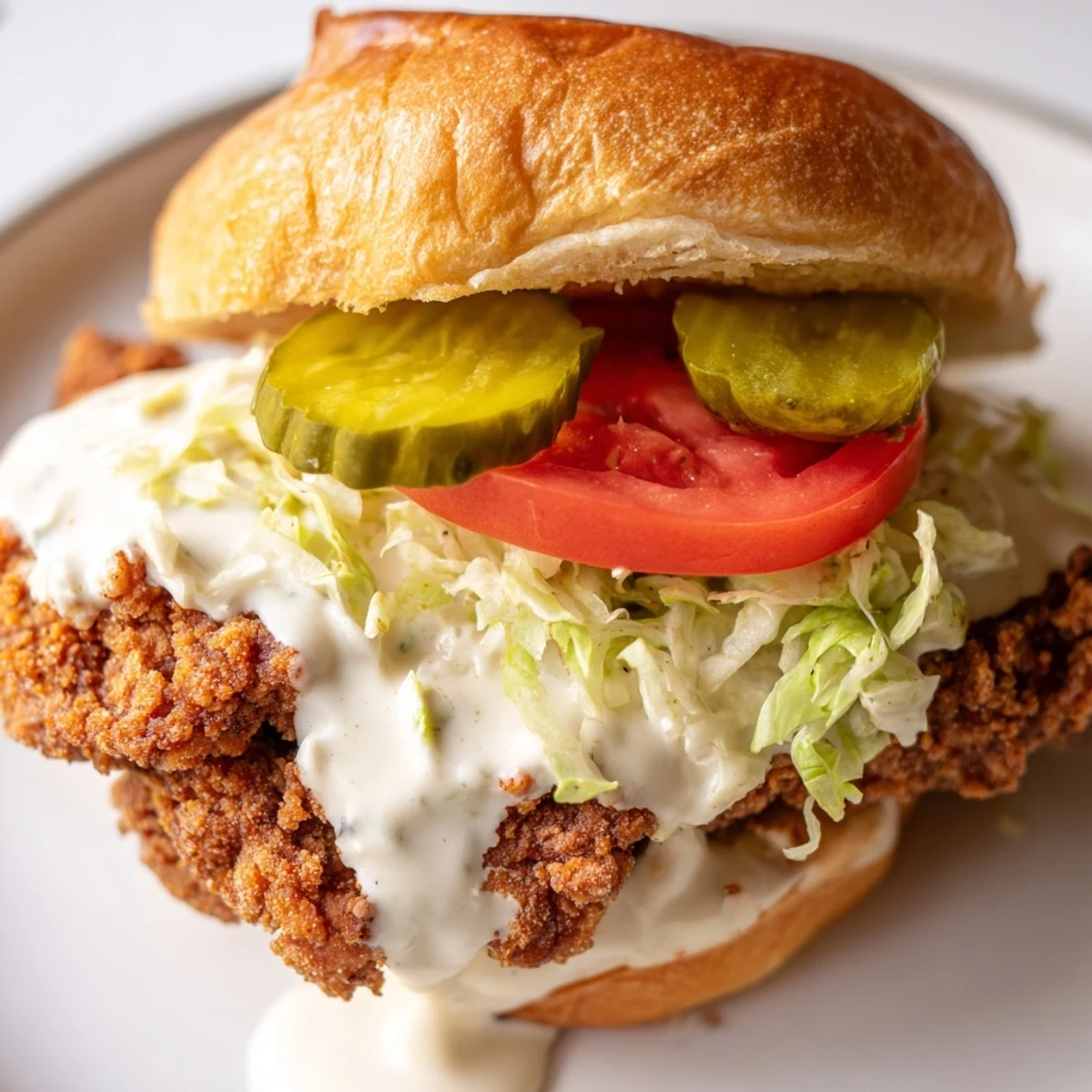 Golden crispy spicy chicken sandwich on toasted brioche bun with fresh lettuce tomato and pickles