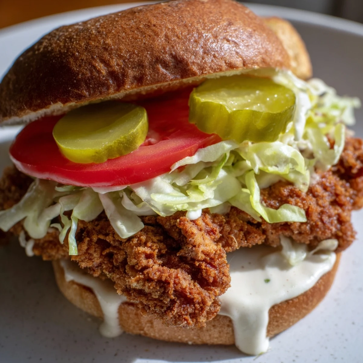 Spicy chicken sandwich featuring golden brown cutlet drizzled with tangy sauce served on toasted brioche