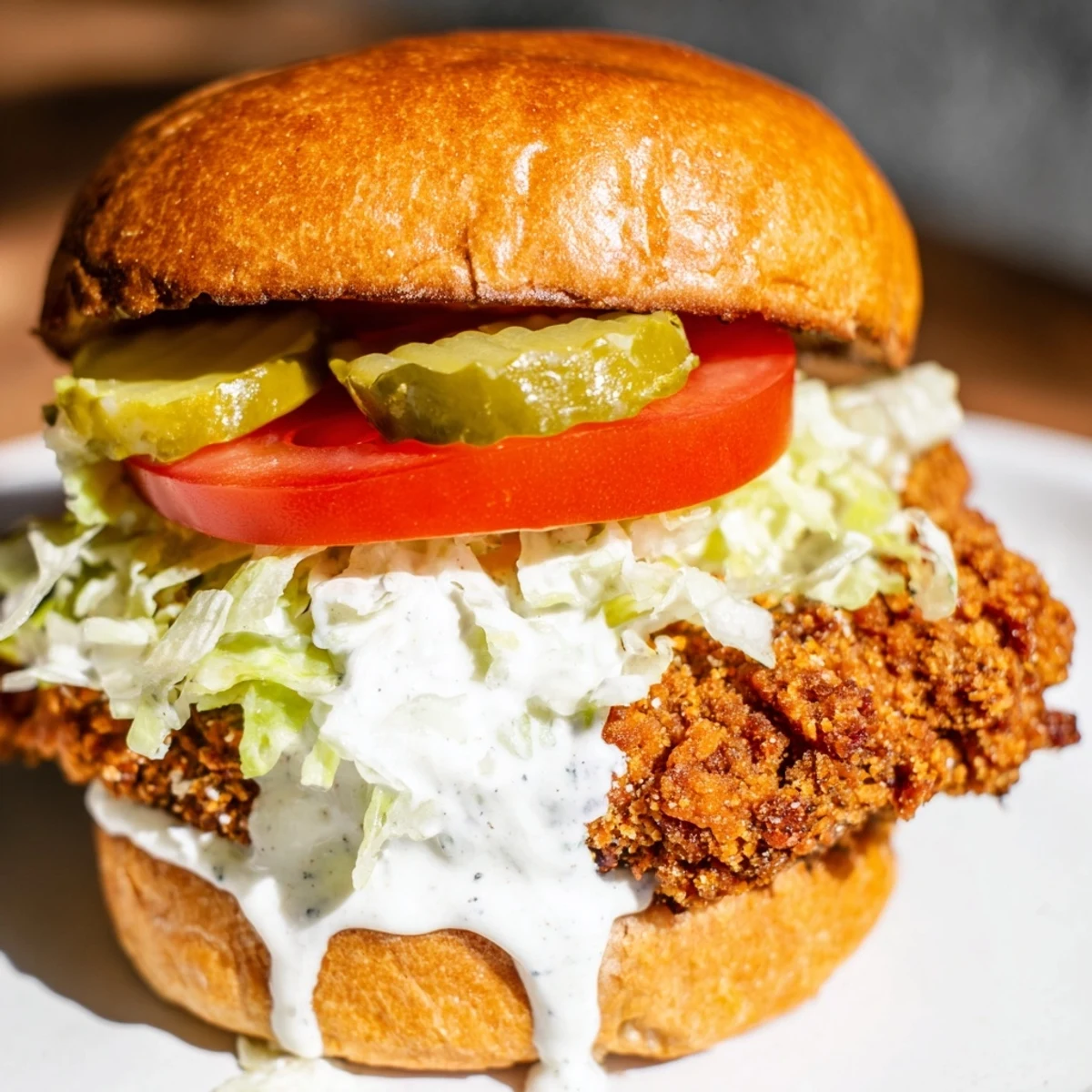 Fried spicy chicken sandwich topped with creamy homemade sauce and crisp vegetable toppings on bun