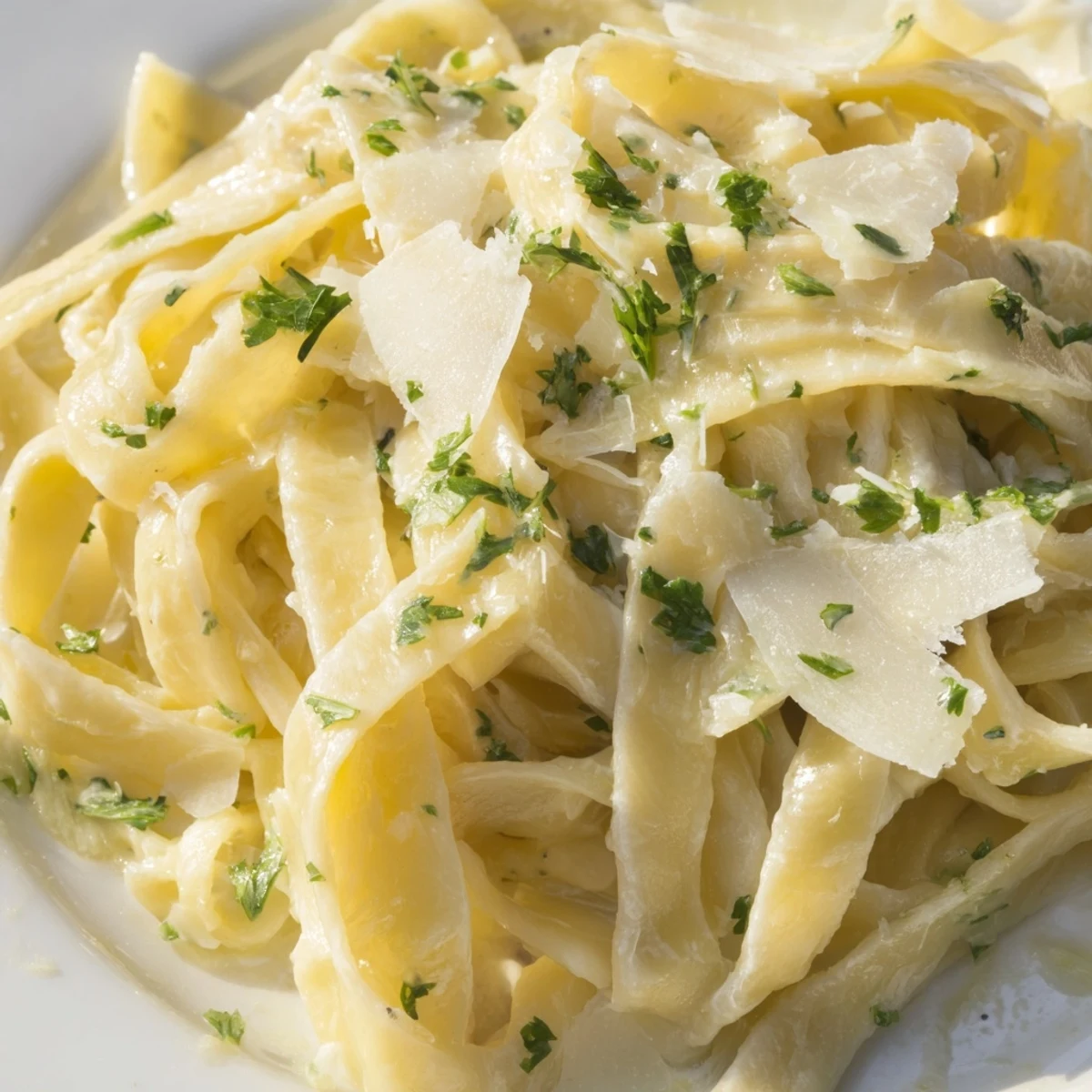 Golden fettuccine noodles coated in a rich, velvety Parmesan Alfredo sauce with fresh parsley