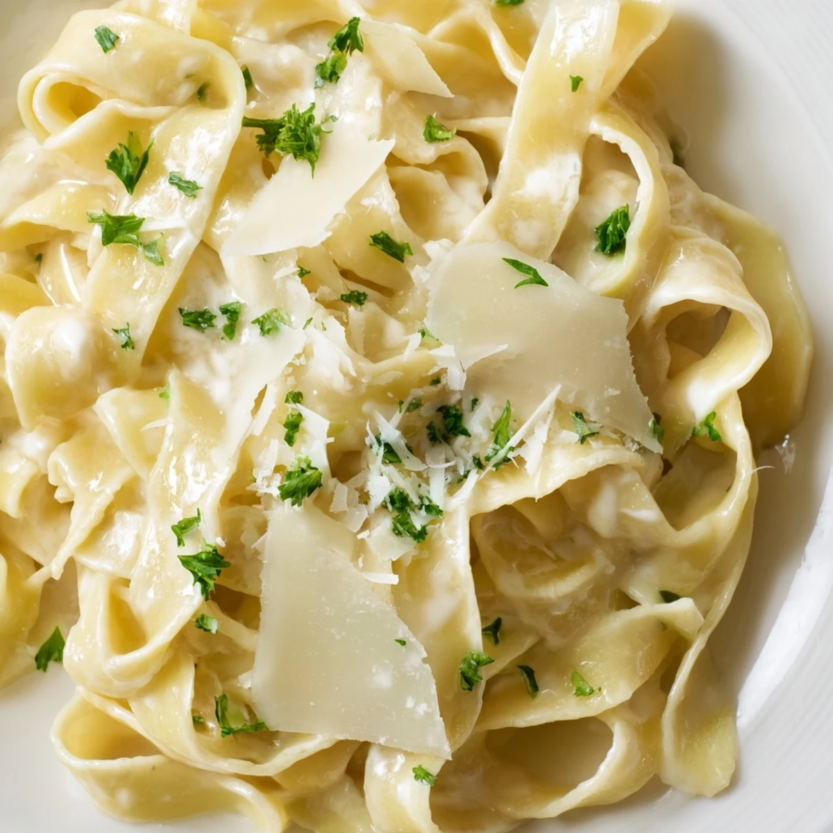 Close-up of Ultimate Creamy Fettuccine Alfredo garnished with parsley and extra grated Parmesan cheese
