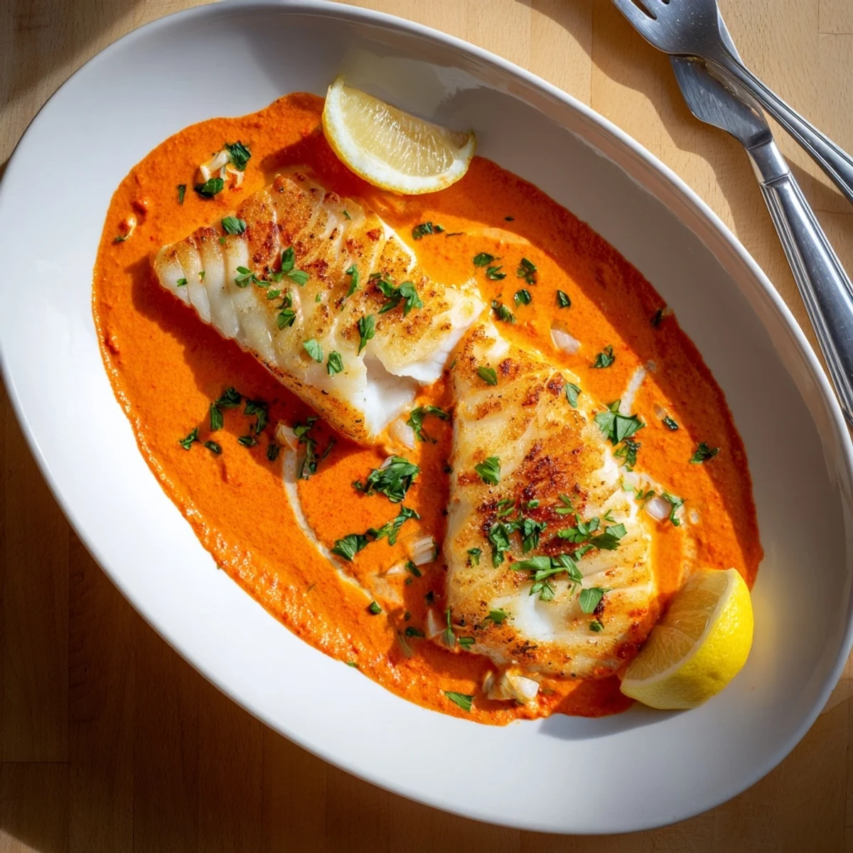 Golden pan-seared cod fillets nestled in a vibrant roasted red pepper cream sauce