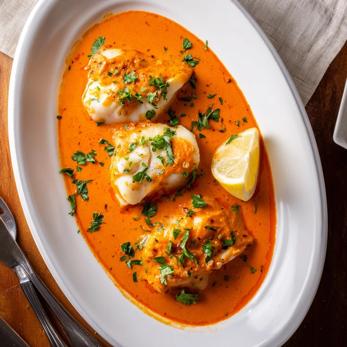 Flaky white cod swimming in silky smooth roasted red pepper sauce with fresh parsley