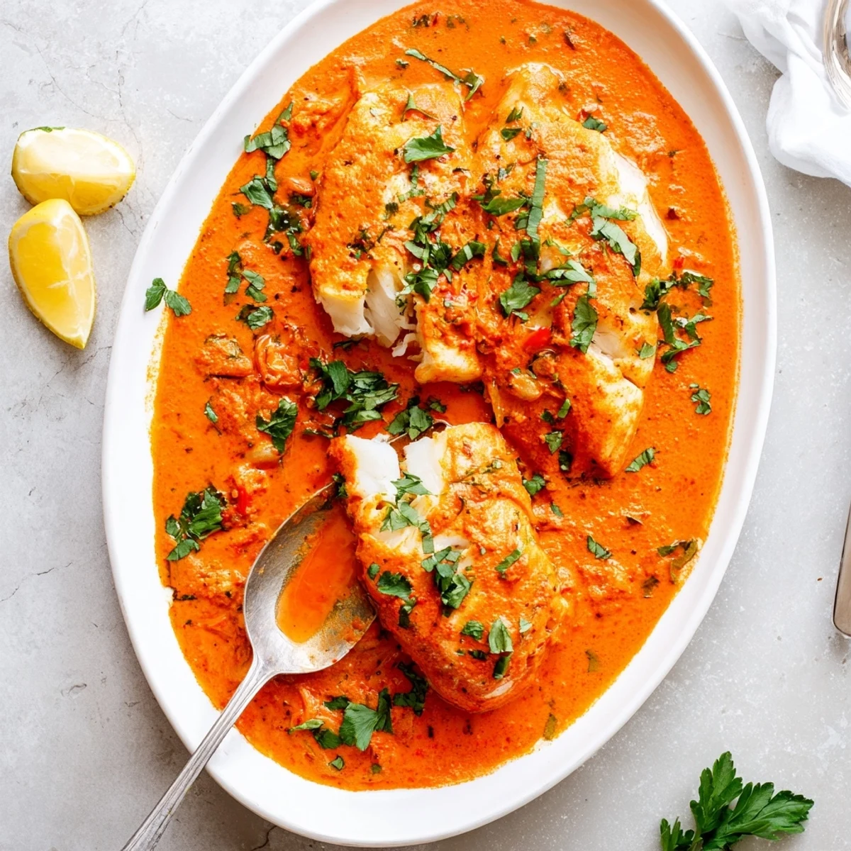 Mediterranean baked cod with creamy roasted red pepper sauce garnished with lemon wedges
