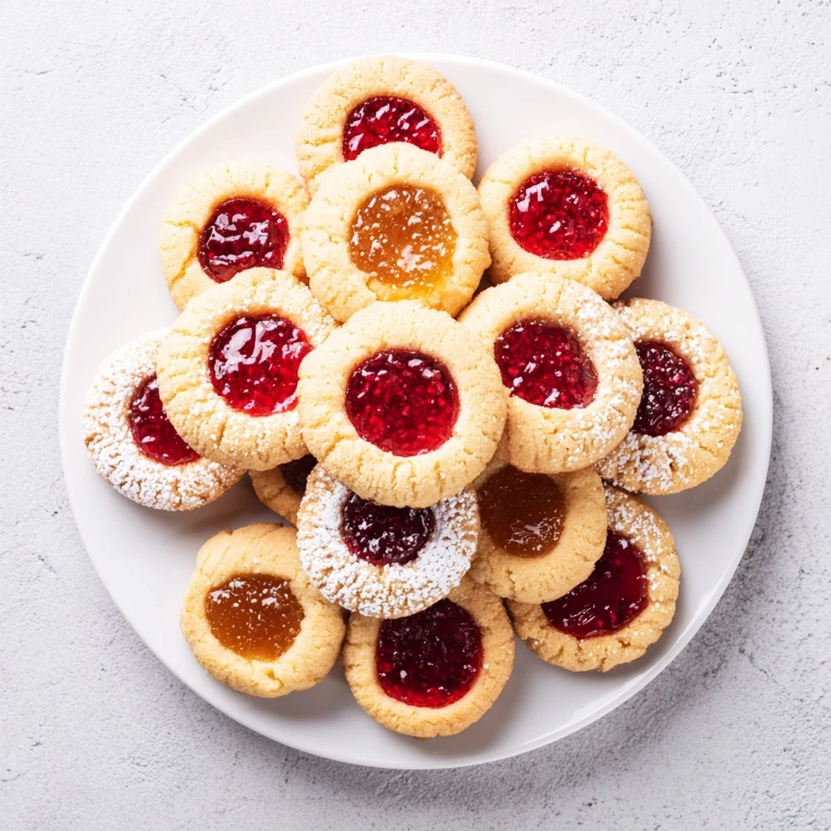 Golden fruity thumbprint cookies filled with vibrant raspberry jam on a white baking sheet