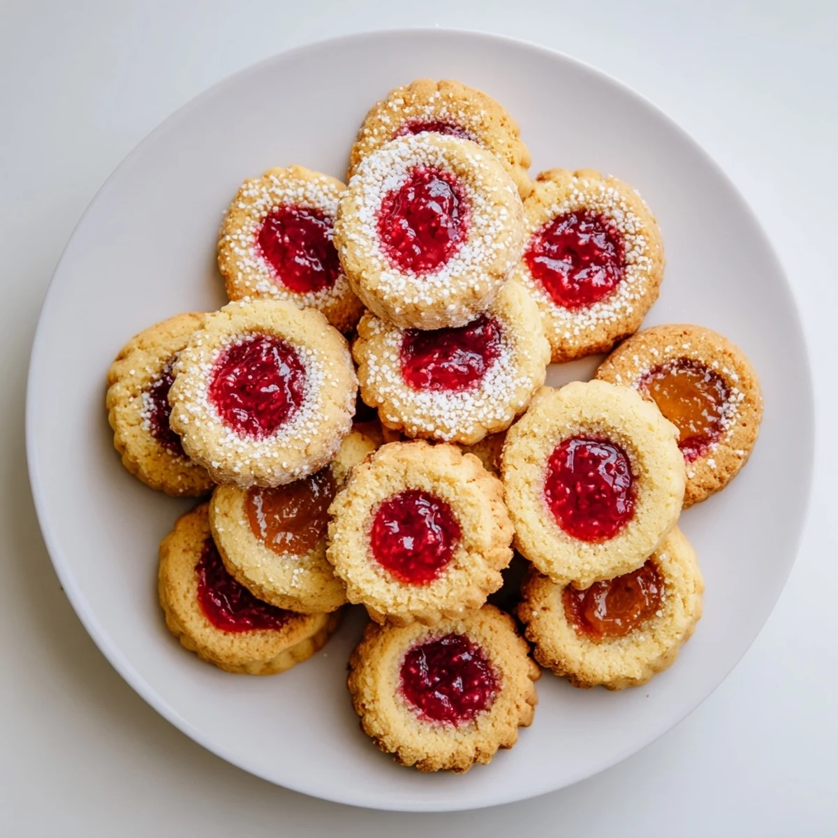 Batch of tender thumbprint cookies with sweet jam centers ready for holiday serving