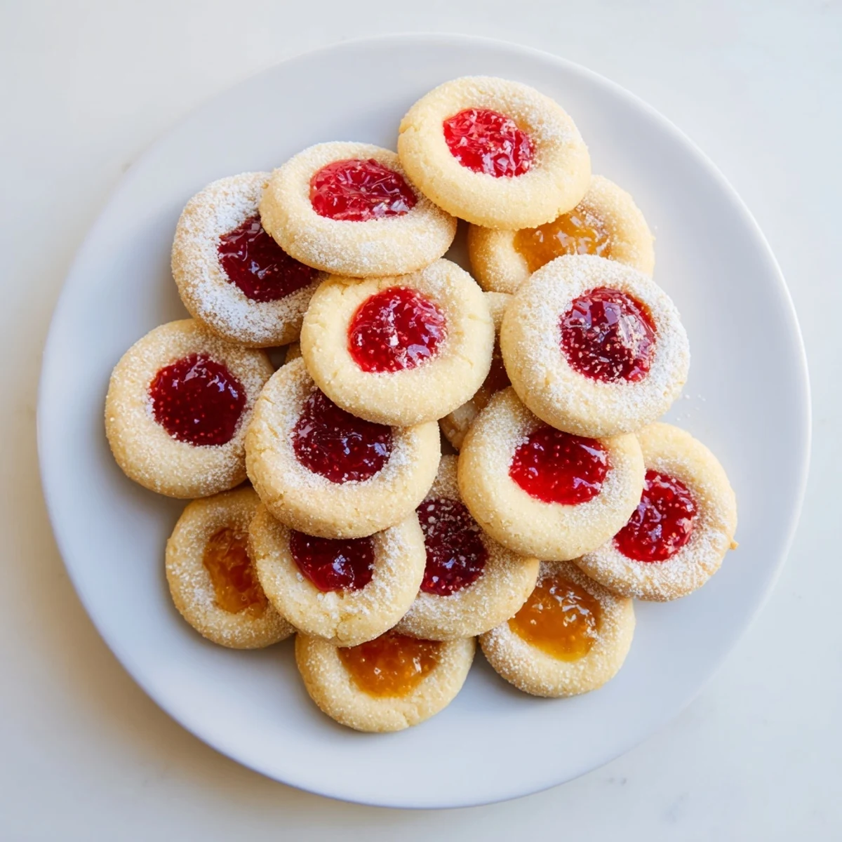 Buttery homemade thumbprint cookies with colorful fruit preserves cooling on a wire rack