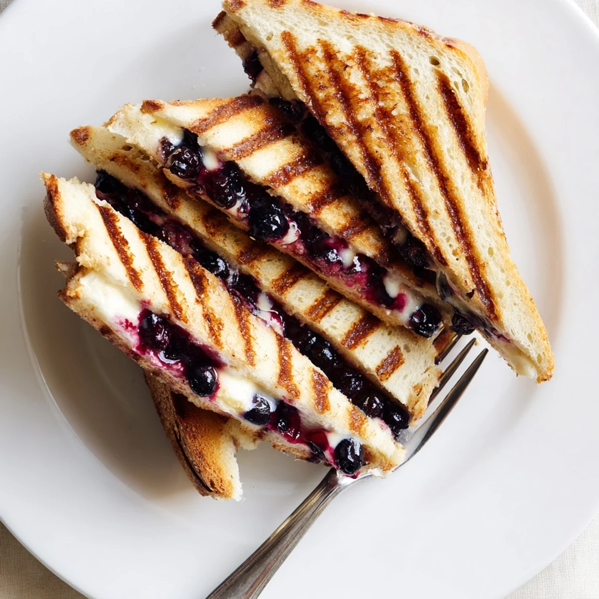 Sliced sweet and savory blueberry grilled cheese revealing oozing cheese and juicy fruit