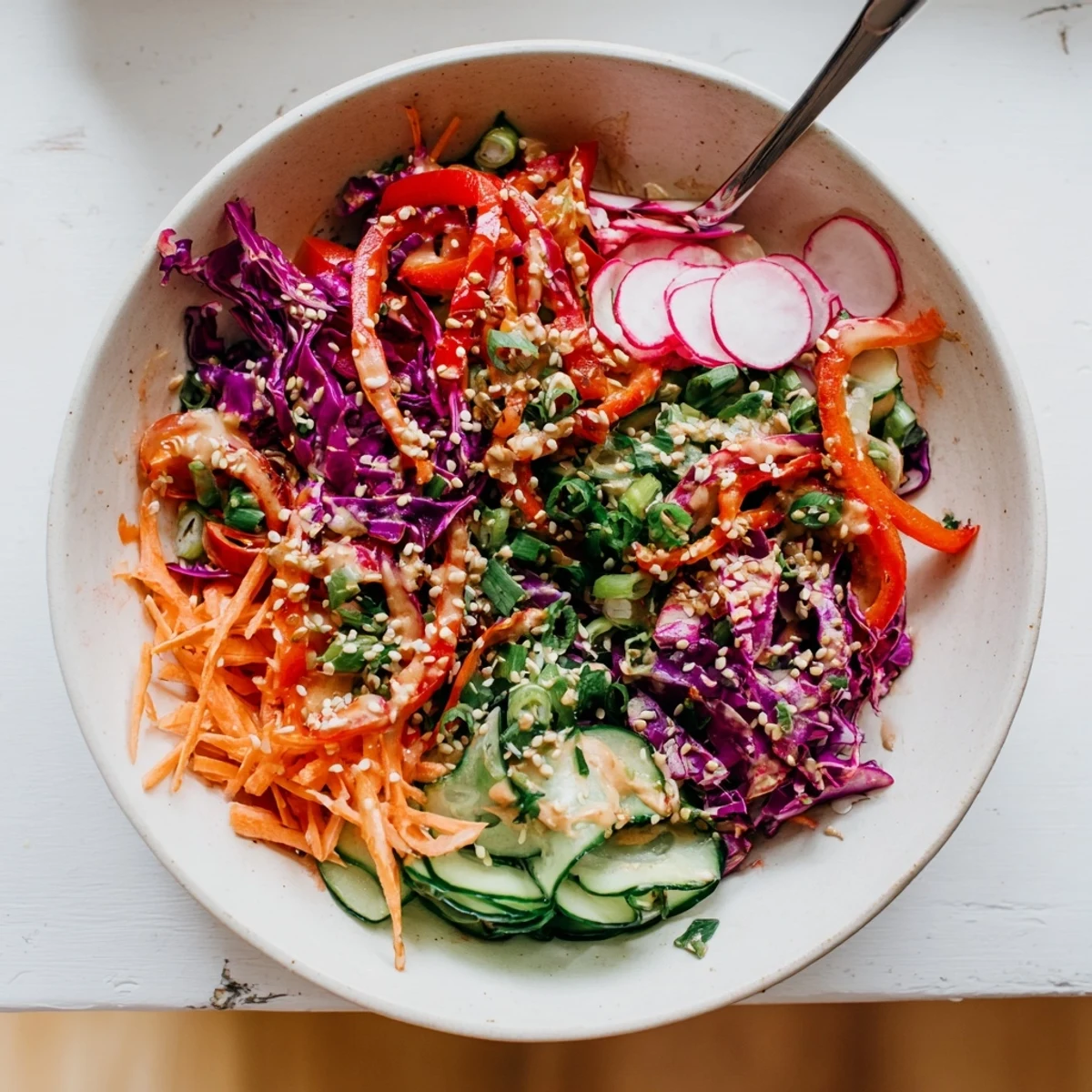 Creamy Asian cucumber salad bowl topped with sesame seeds and fresh cilantro in a white serving dish
