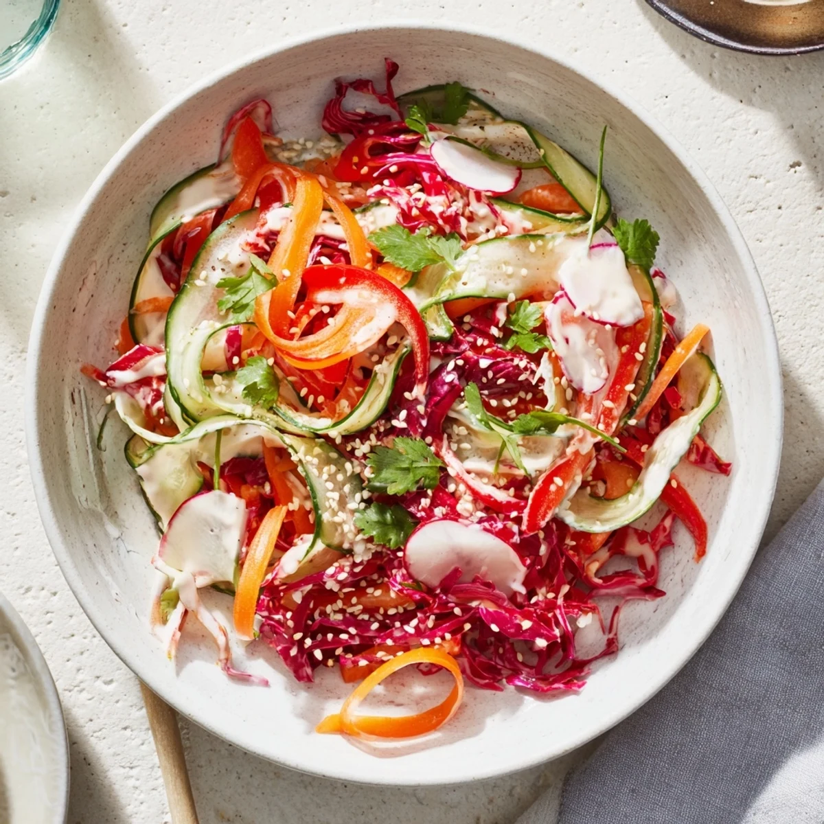 Colorful creamy Asian cucumber salad bowl featuring sliced cucumbers, red cabbage, and radishes with garnish