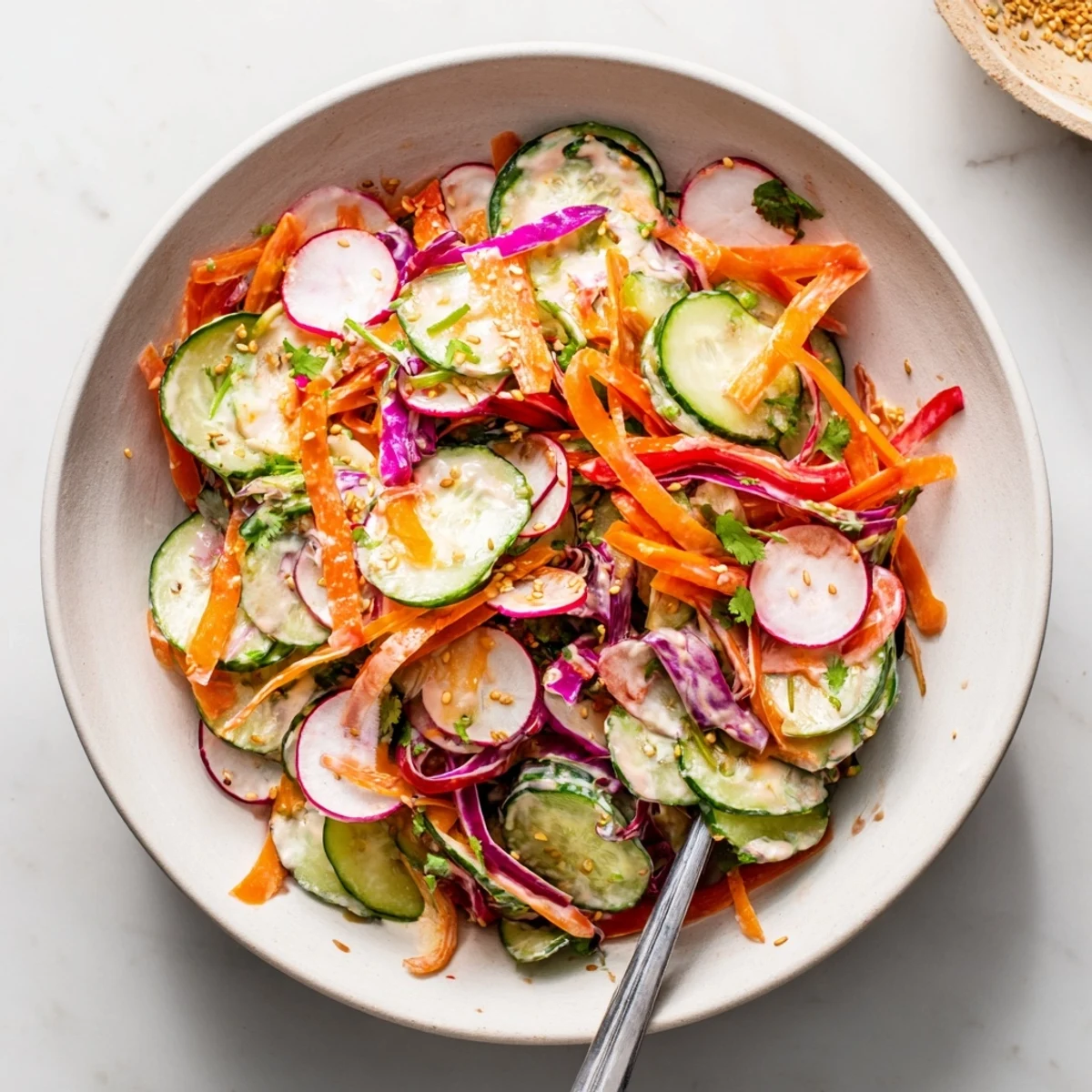 Vibrant Asian cucumber salad bowl with crisp vegetables coated in creamy sesame dressing for a refreshing meal