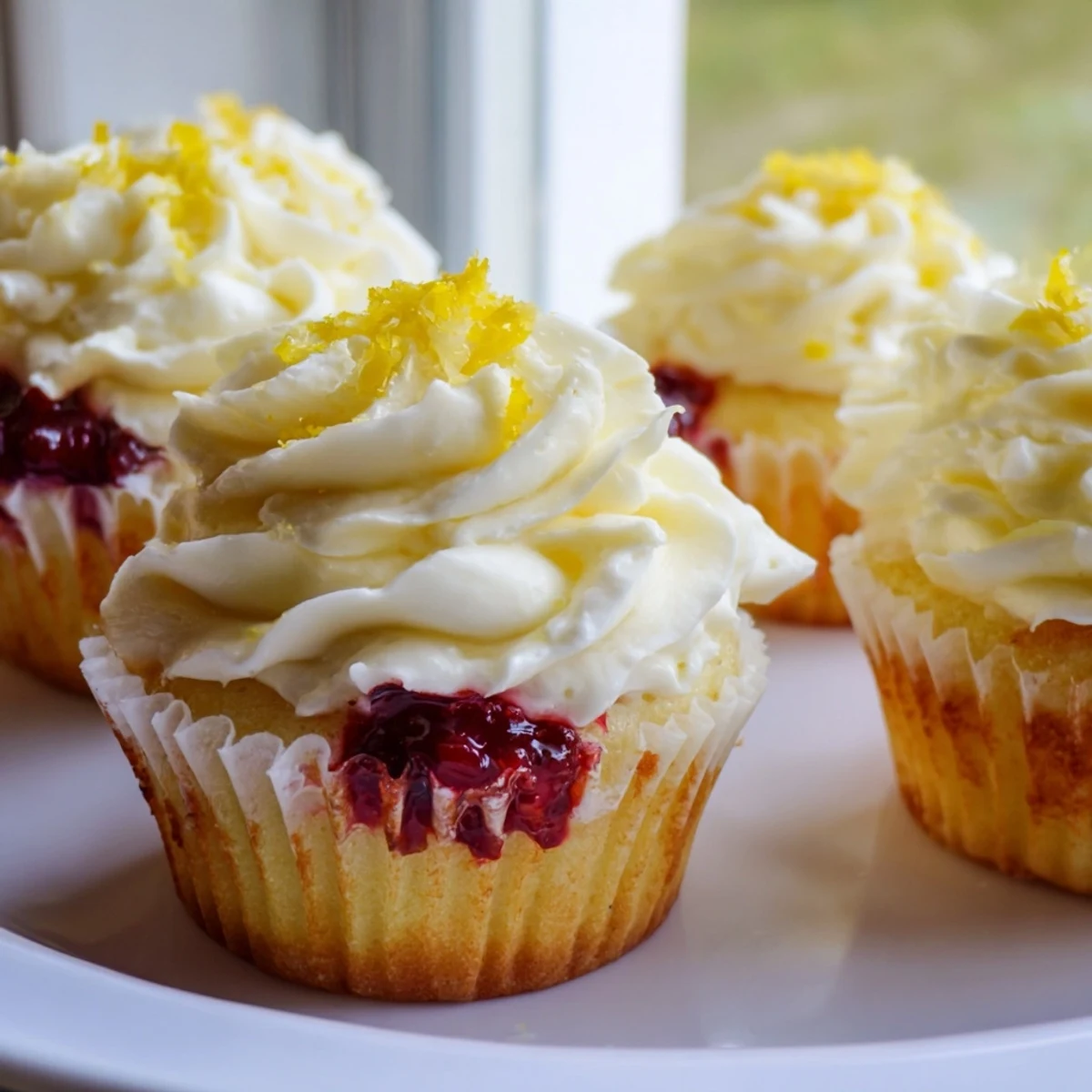 Moist lemon cupcakes filled with tangy raspberry preserves and topped with fluffy lemon buttercream frosting