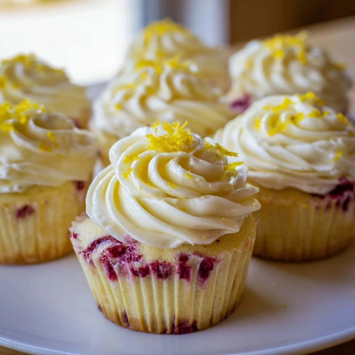 Golden lemon cupcakes with hidden raspberry centers and swirls of creamy lemon buttercream on top