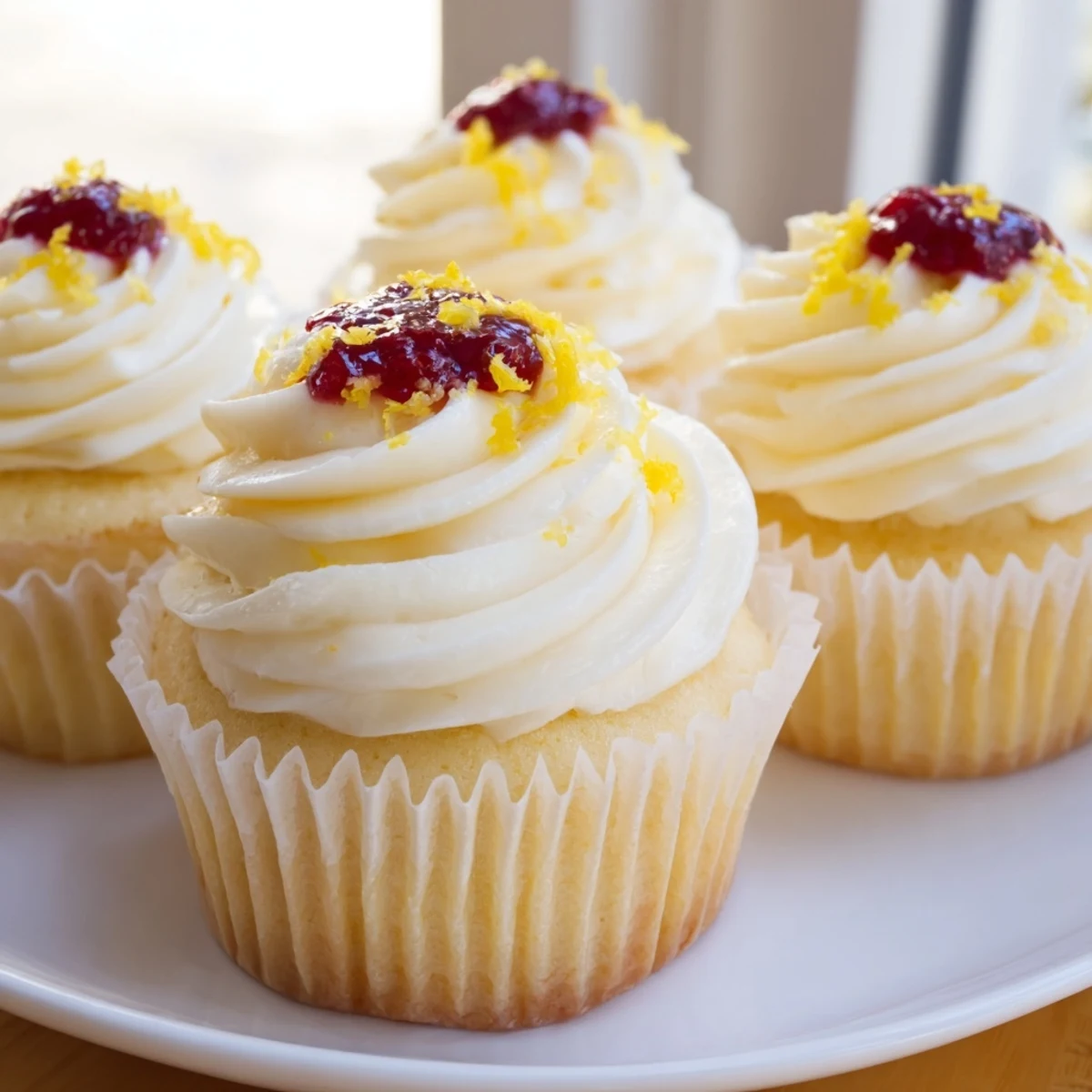 Freshly baked lemon cupcakes stuffed with sweet raspberry jam and finished with zesty lemon frosting