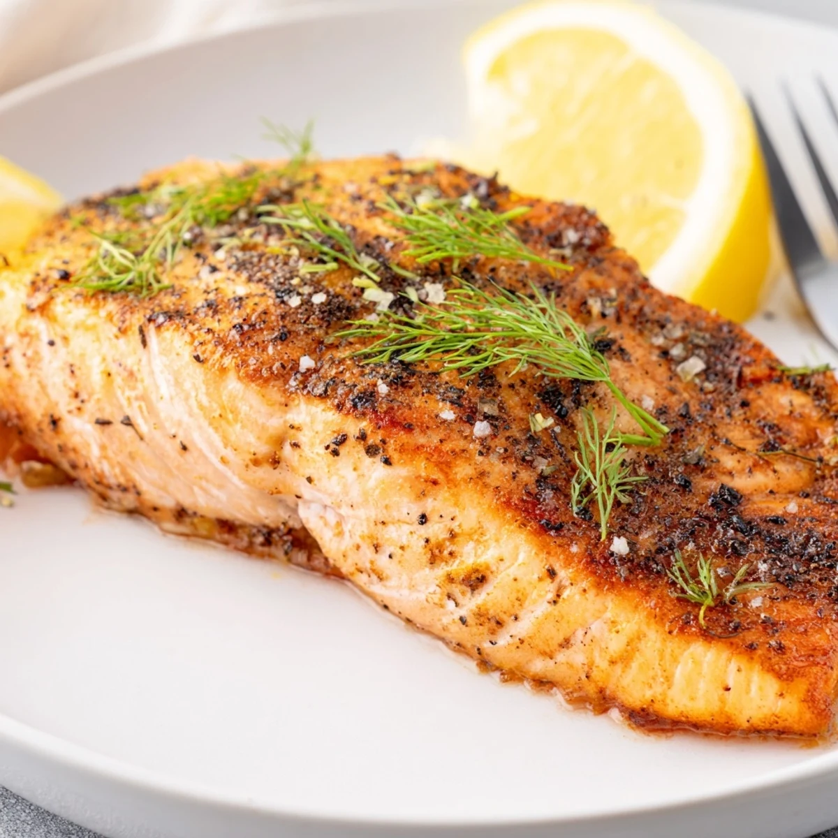Golden air fryer salmon fillets with crispy seasoned edges and tender flaky meat