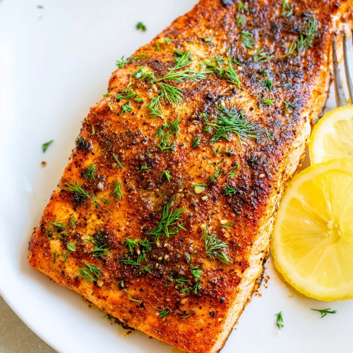 Perfectly cooked air fryer salmon garnished with fresh herbs and lemon wedges on plate