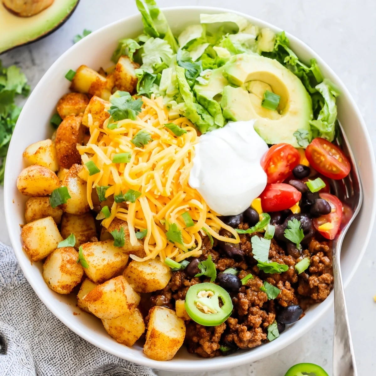Crispy roasted potato and spiced beef layered with fresh Tex-Mex toppings in a loaded potato taco bowl