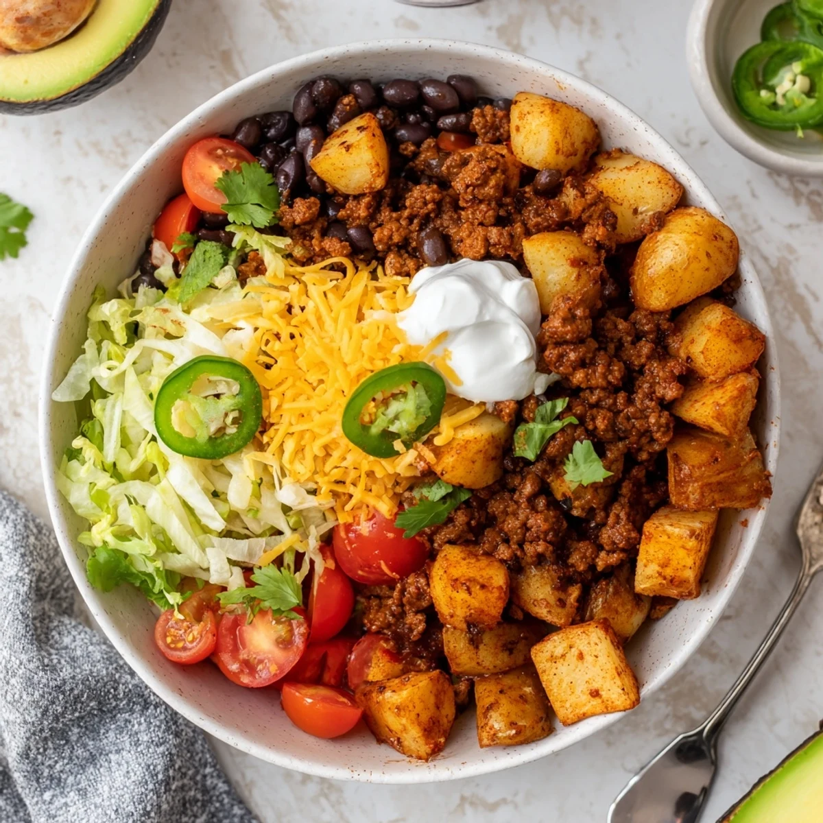 Customizable loaded potato taco bowl featuring crispy diced potatoes, taco meat, black beans, avocado, and zesty garnishes