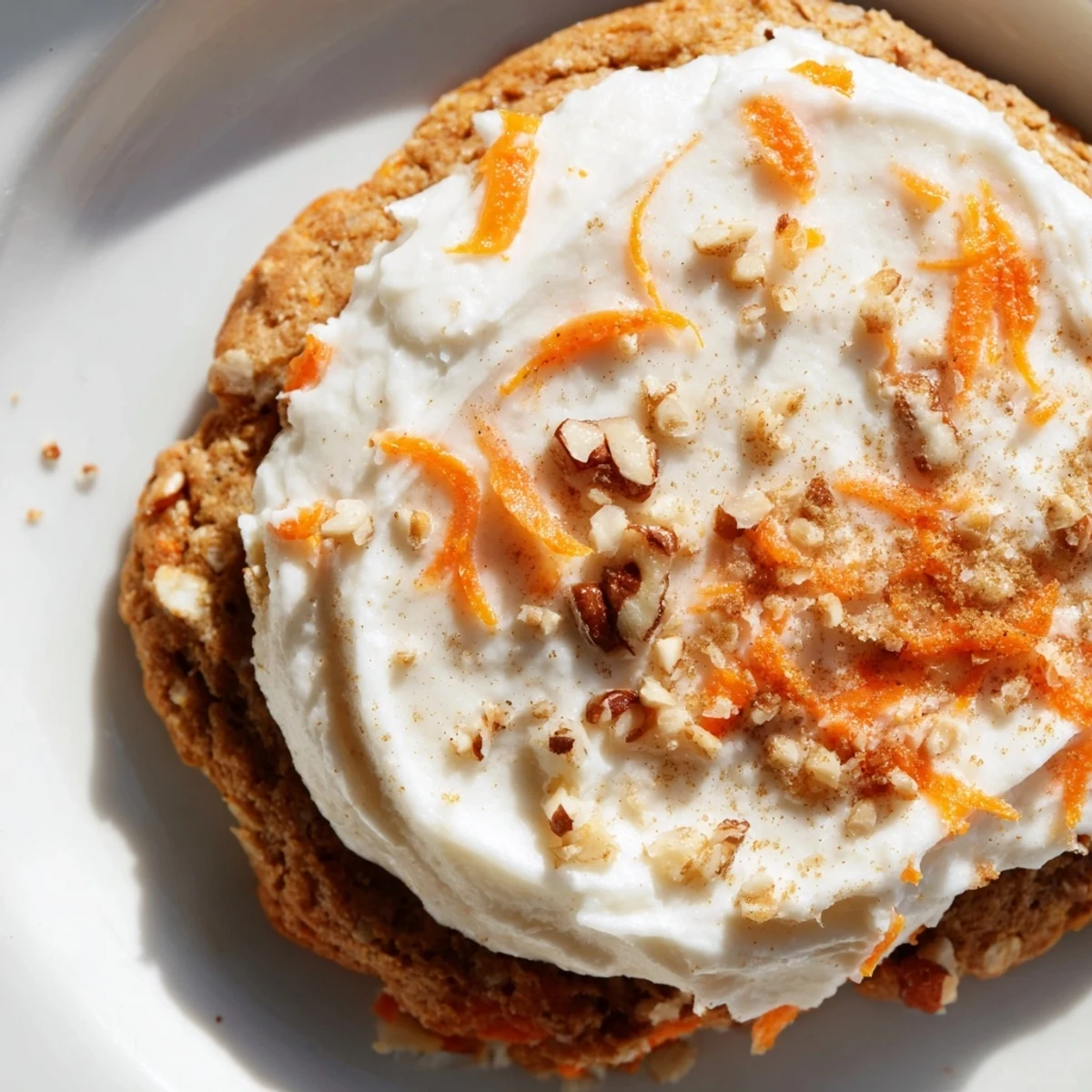 Batch of frosted carrot cake cookies on cooling rack, showcasing fluffy texture and carrot flecks