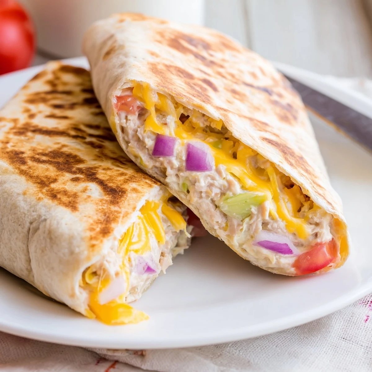 Golden grilled tuna melt wrap with melted cheddar cheese oozing from warm flour tortilla