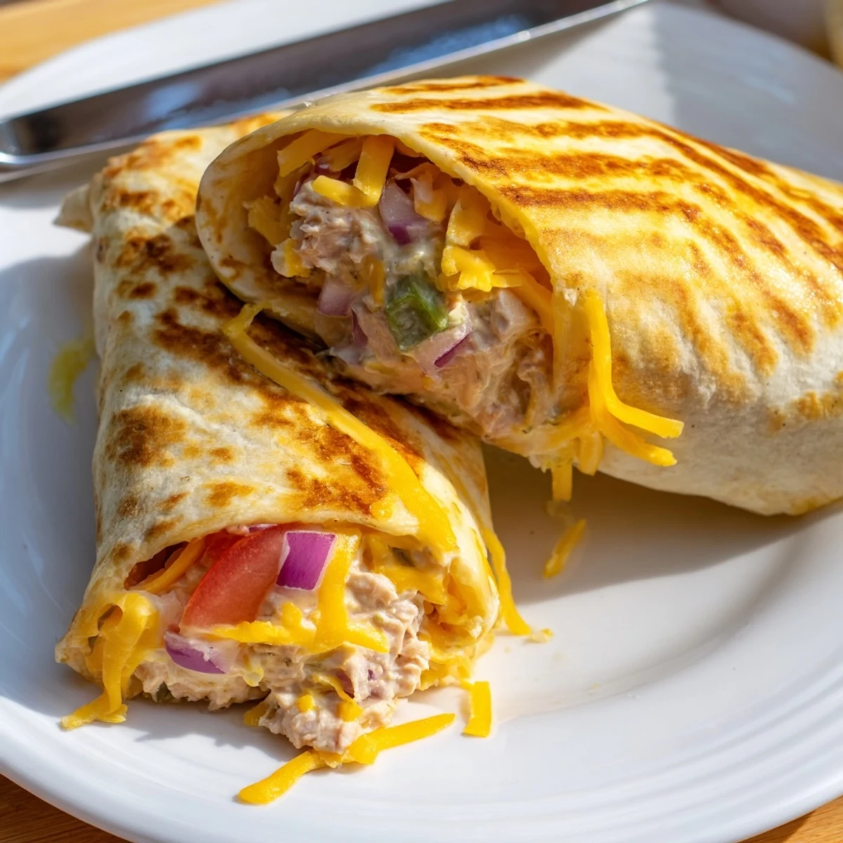 Pan-fried tuna melt wrap with golden brown seams and melted cheese drizzling down side