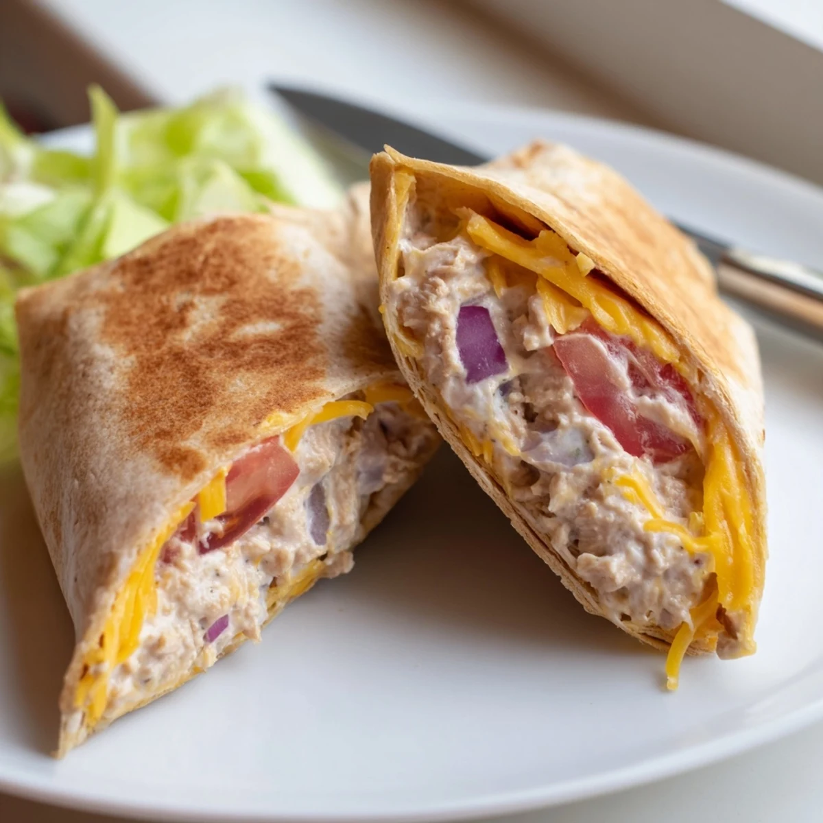 Sliced tuna melt wrap revealing creamy tuna salad and tomato layers inside crispy tortilla