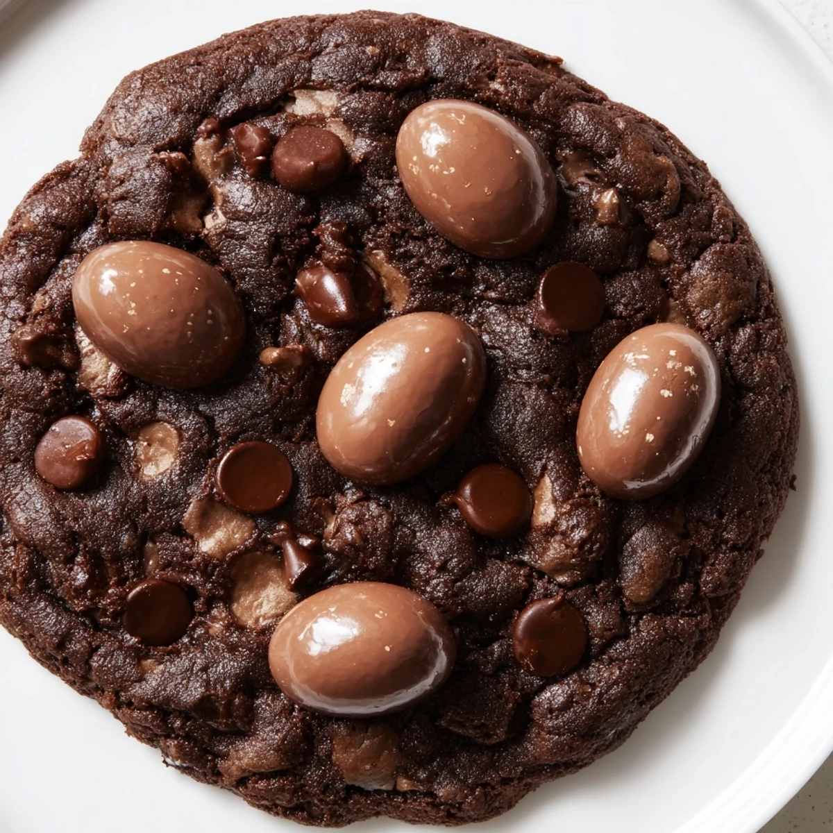 Rich dark Easter chocolate cookies decorated with mini chocolate eggs for spring dessert