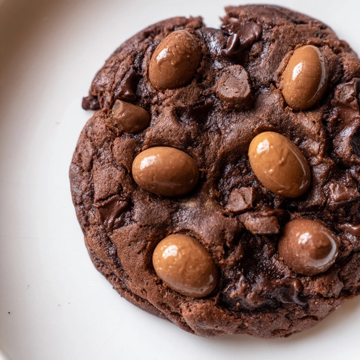 Freshly baked Easter chocolate cookies topped with pastel candy eggs on a wire rack