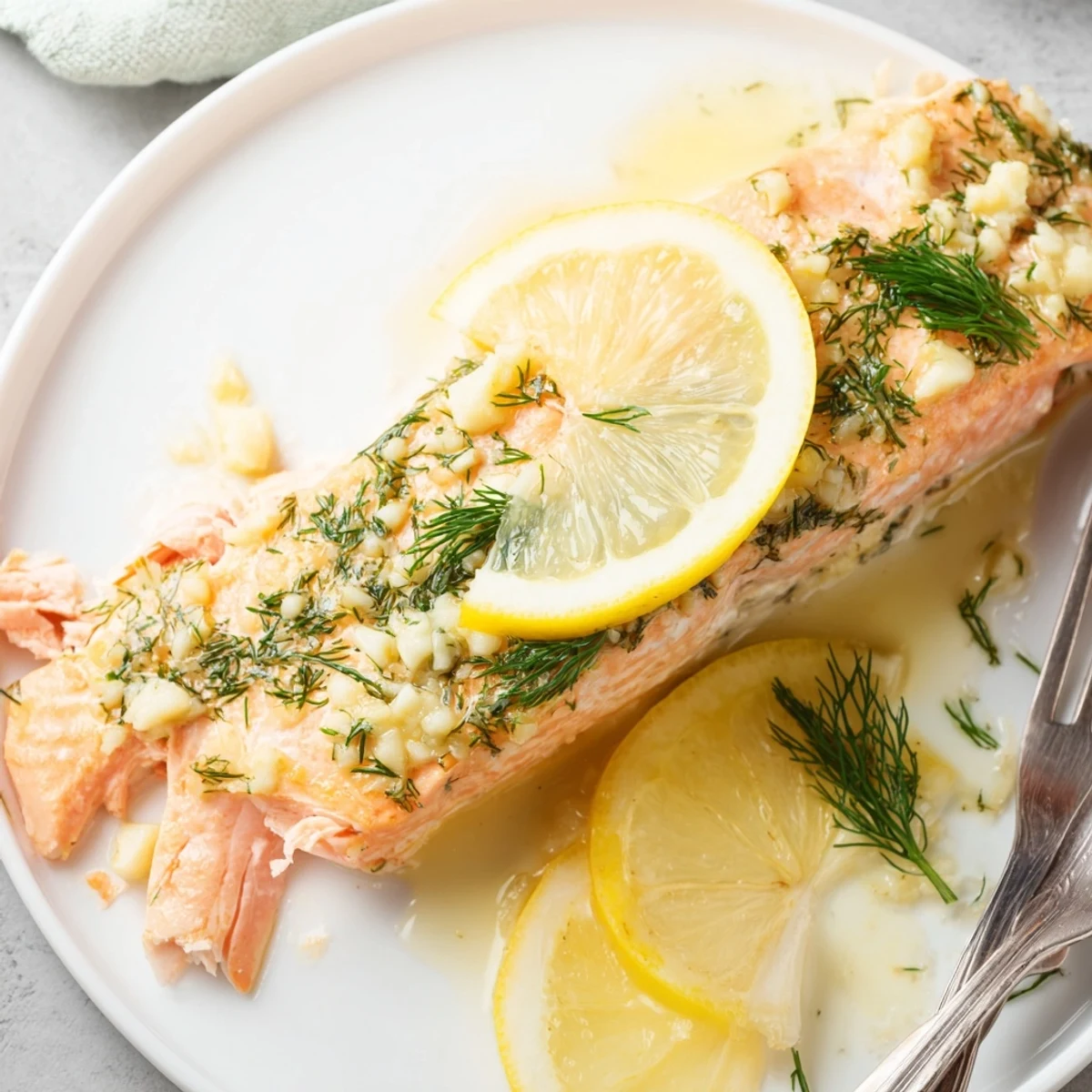 Golden baked salmon fillets glazed with lemon garlic butter and fresh dill garnish