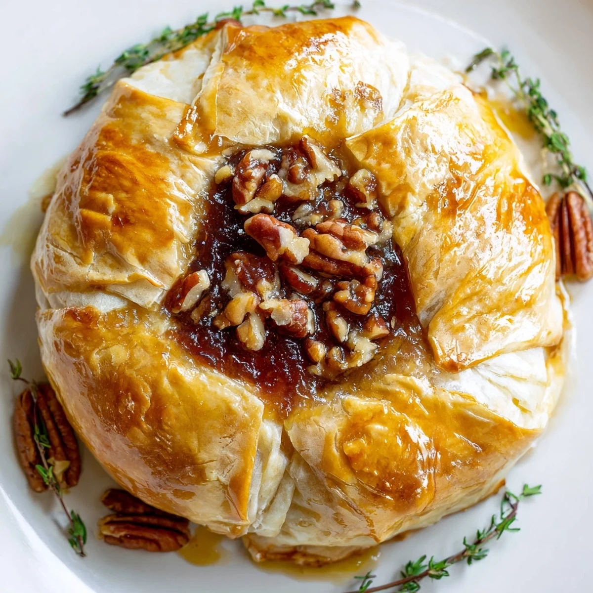 Golden baked brie with fig jam oozing from flaky pastry crust