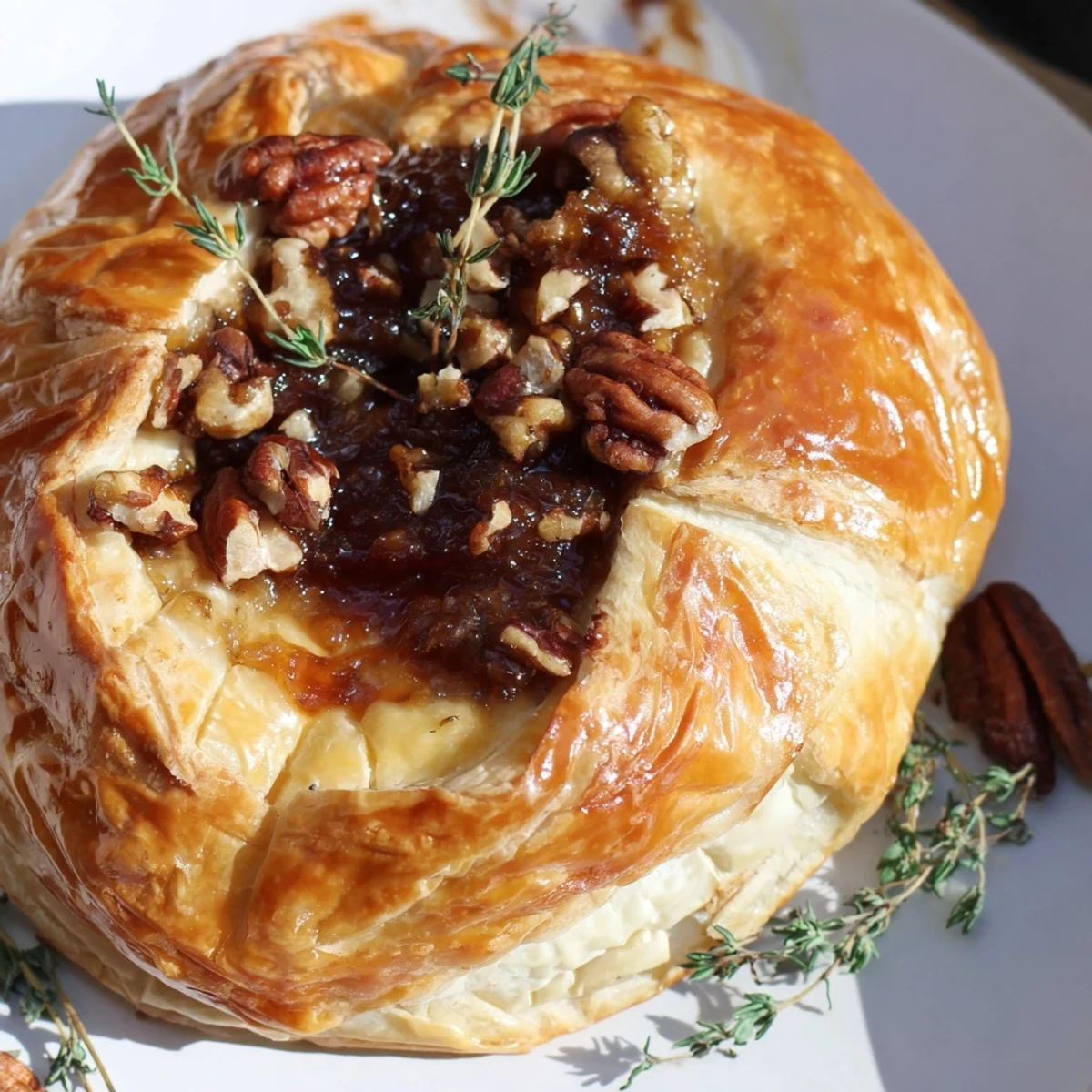 Gooey baked brie wrapped in puff pastry topped with sweet fig jam