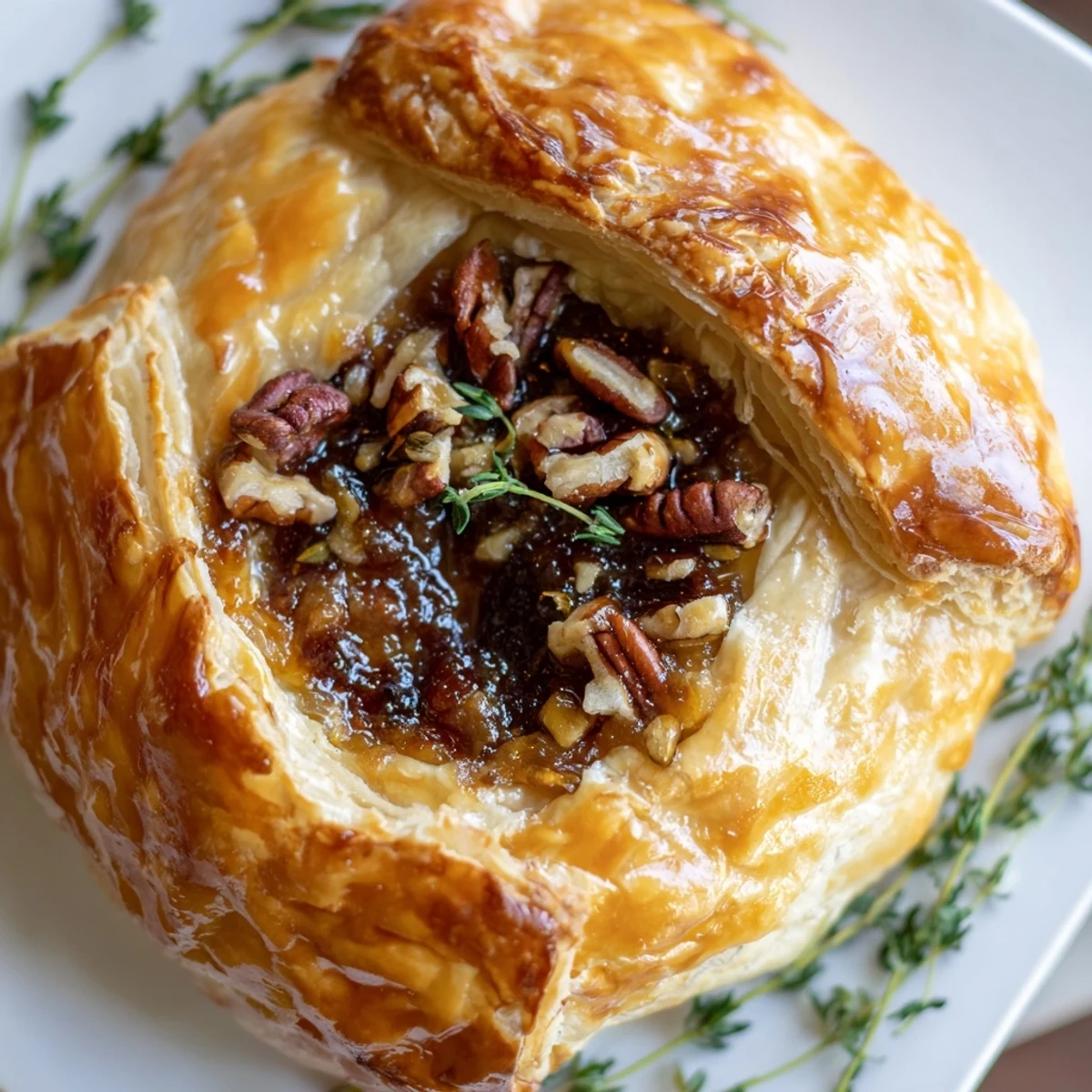 Warm baked brie with fig jam melted inside golden brown pastry