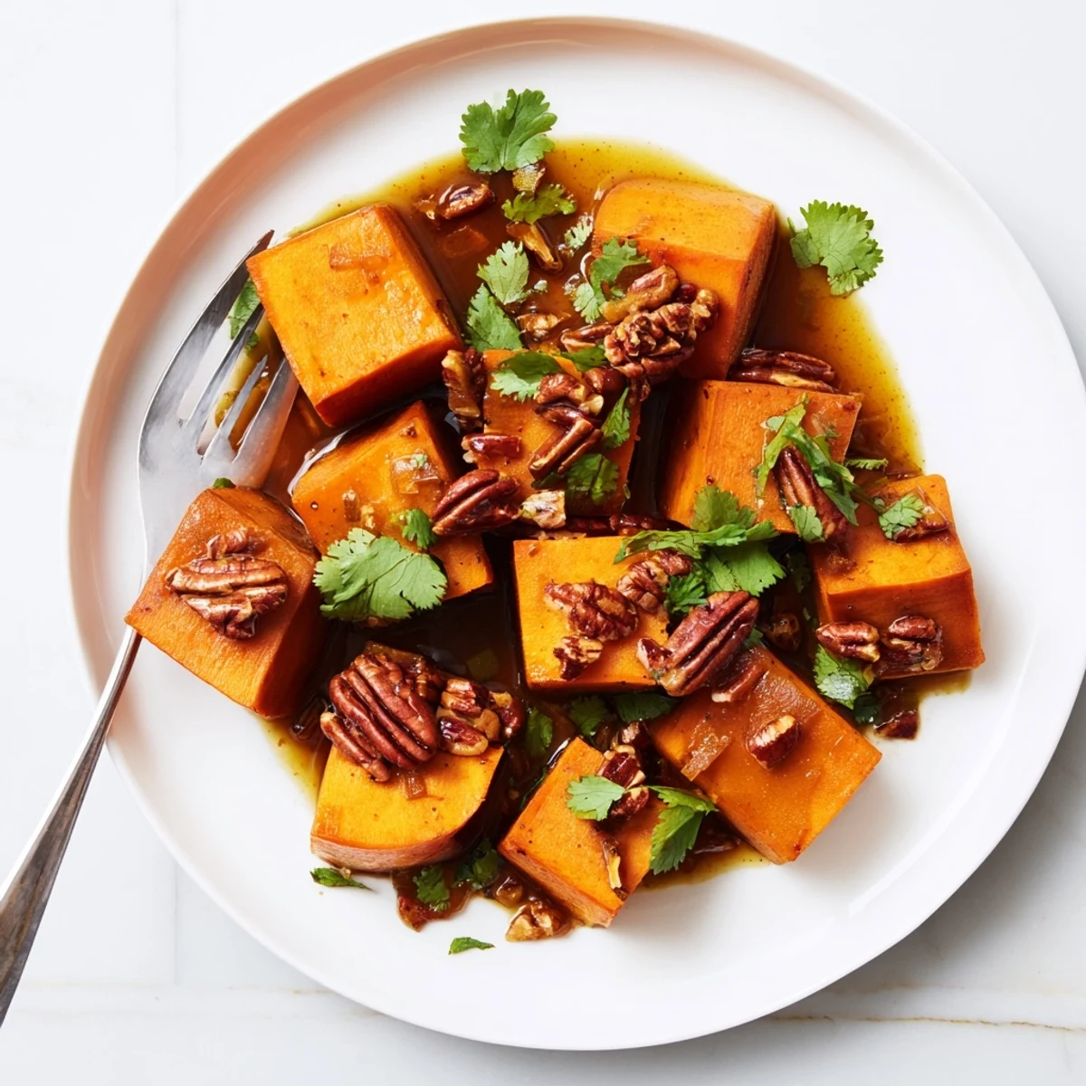 Golden braised sweet potatoes with spicy roasted piri piri pecans scattered across the top