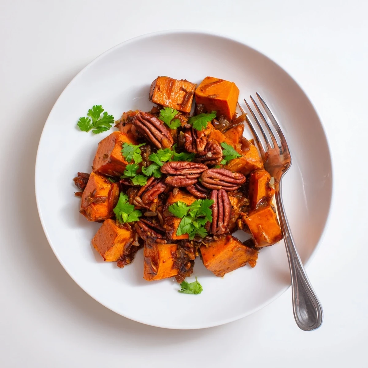 Silky braised sweet potatoes finished with crispy piri piri pecans and fresh herbs