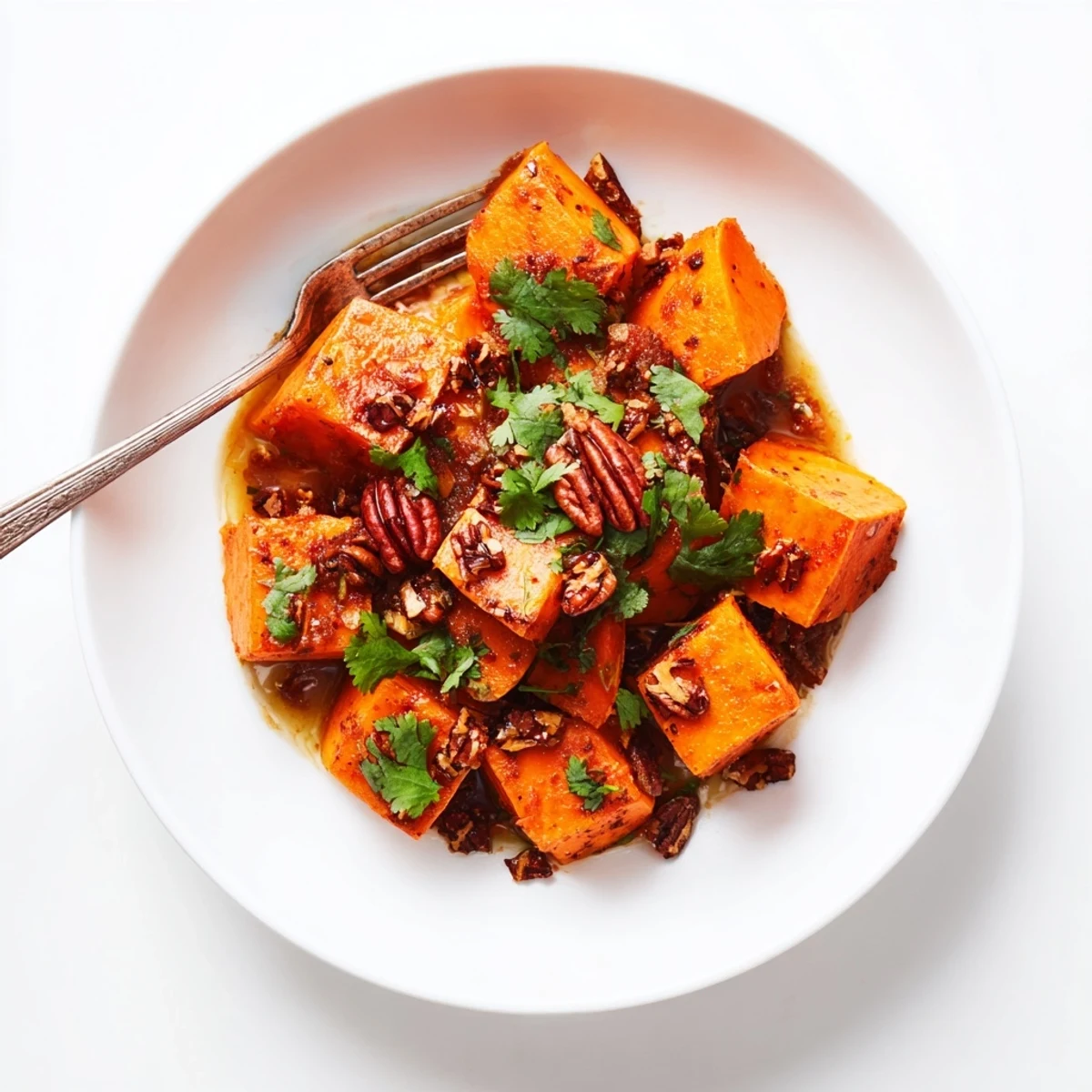 Tender glazed sweet potatoes simmered in aromatic spices topped with crunchy spiced pecans