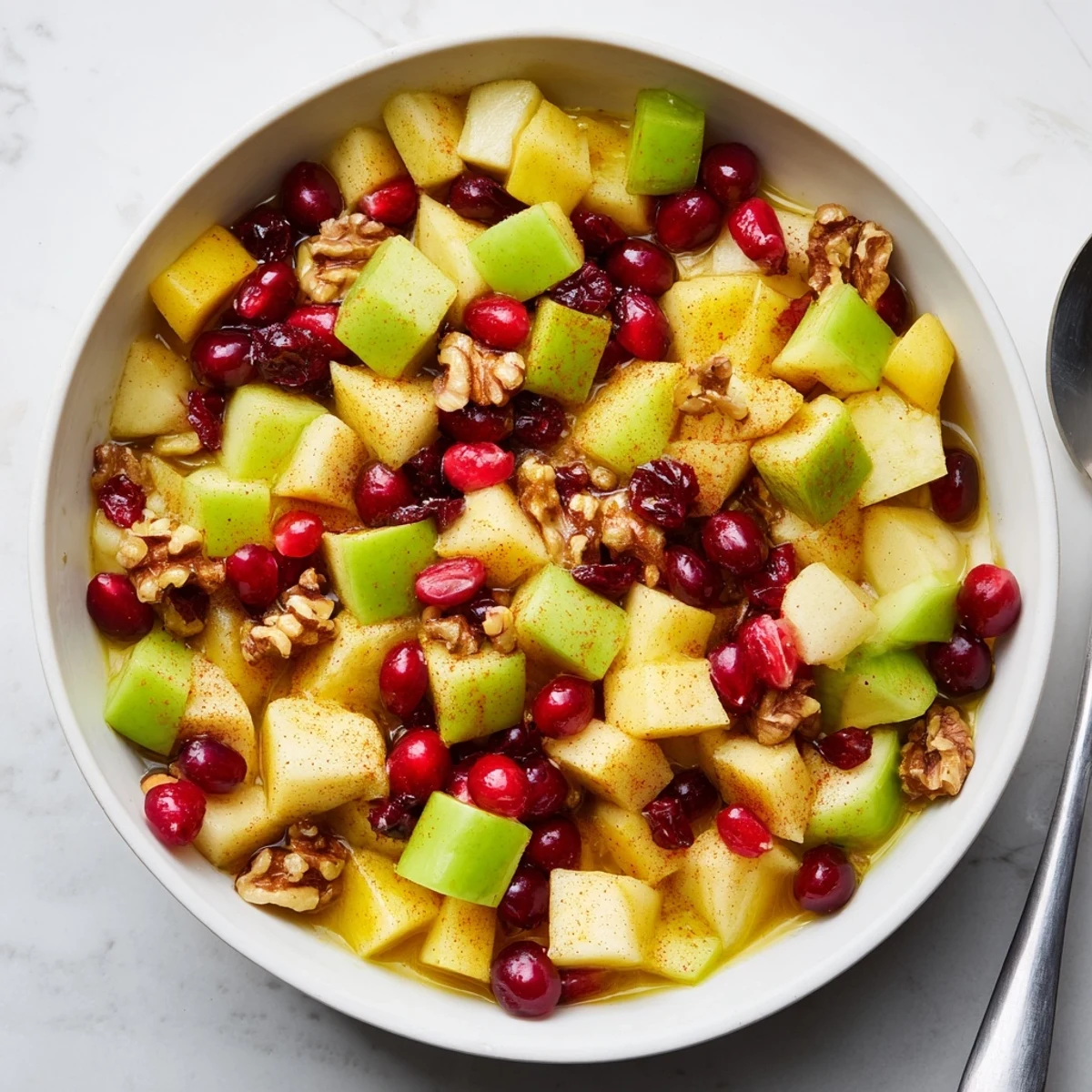 Colorful bowl of fresh Minute Fall Fruit Salad with apple, pear, pomegranate, and walnuts