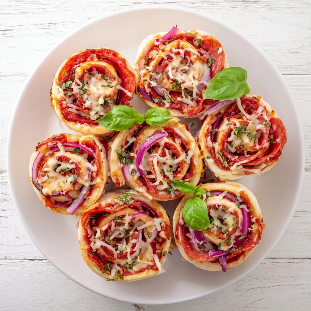 Bite-sized easy pizza roses arranged on a serving platter with fresh basil garnish