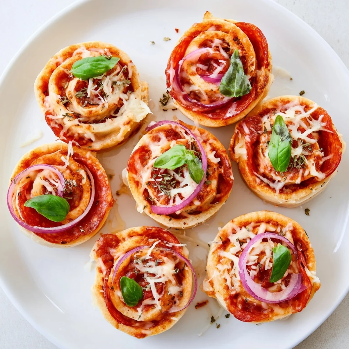 Rolled easy pizza roses stuffed with pepperoni and colorful red bell pepper slices